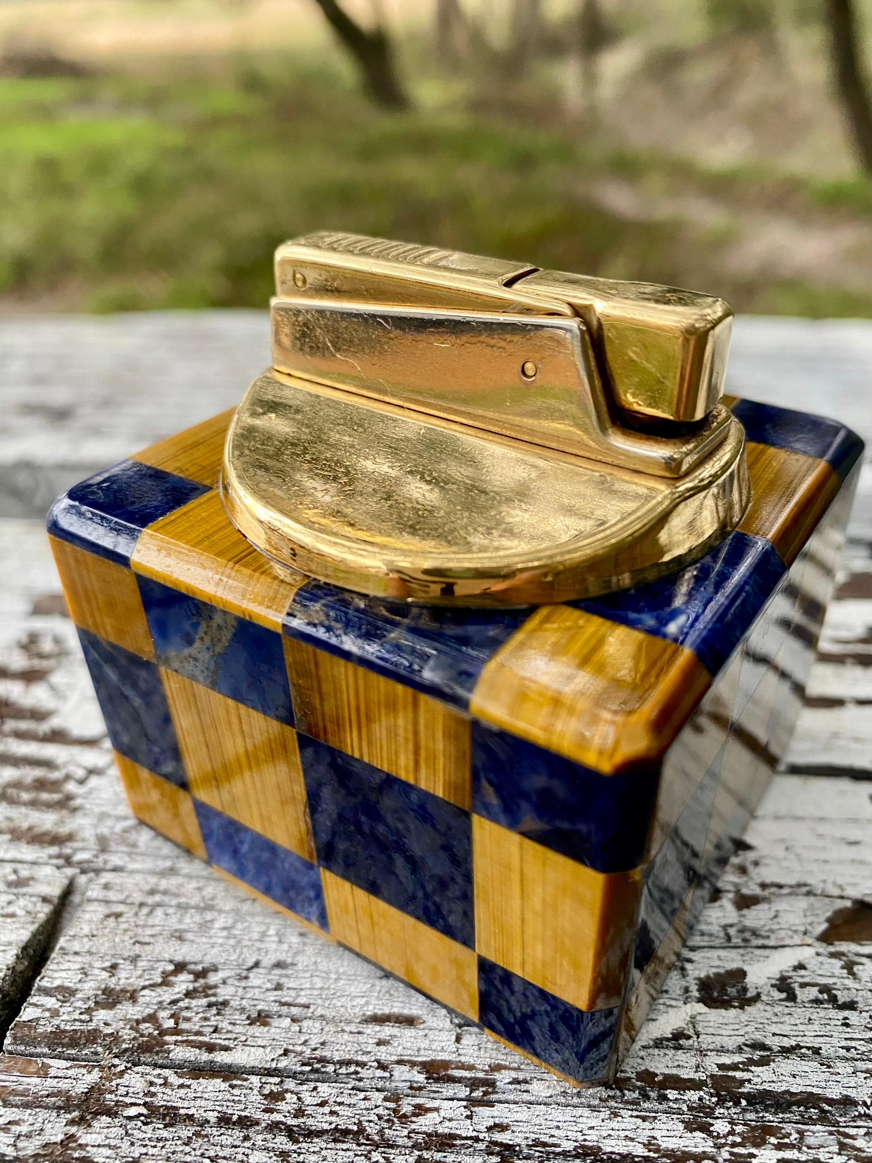 20th Century Modernist Lapis + Tiger Eye Gemstone Table Lighter