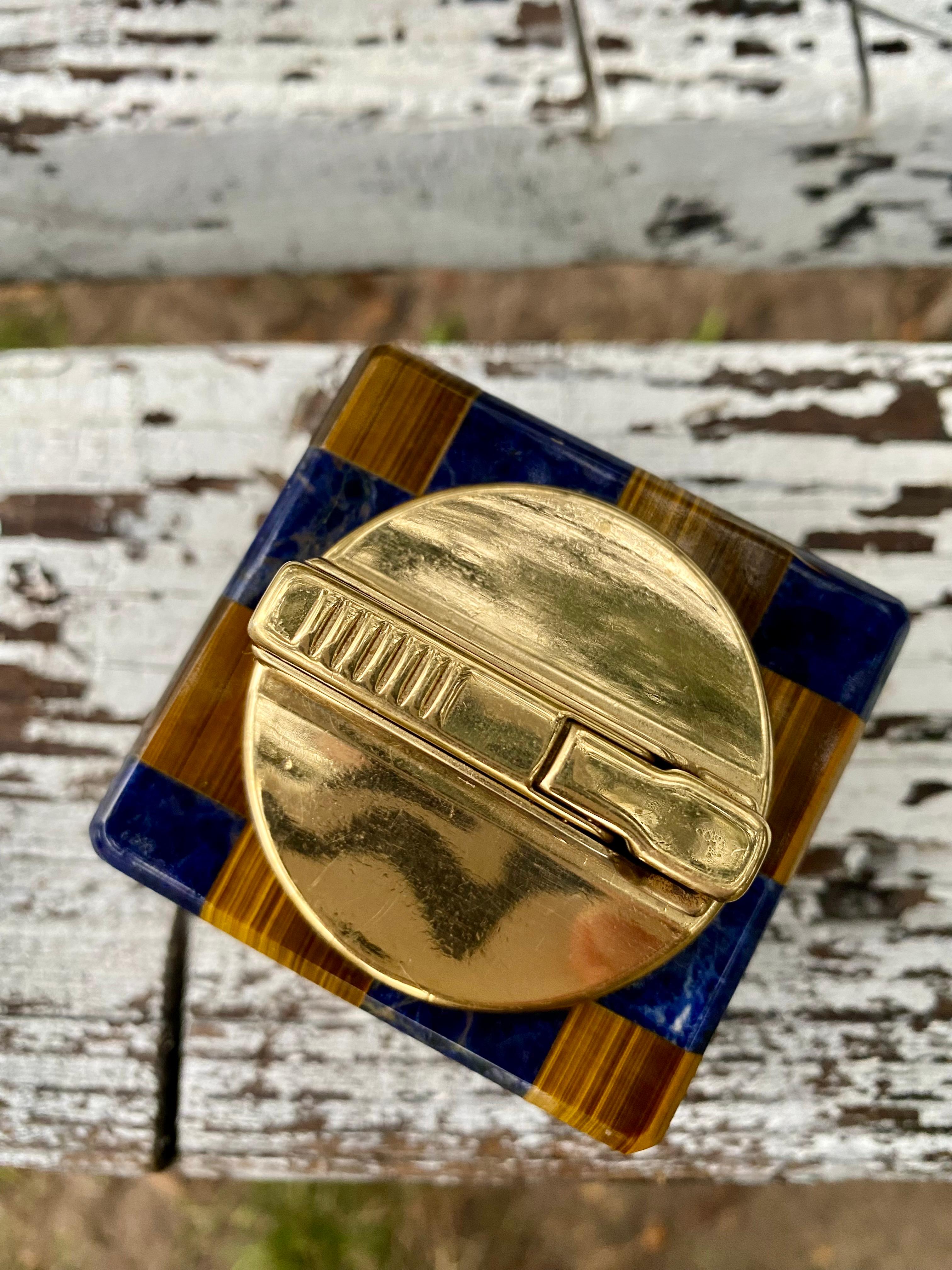 Brass Modernist Lapis + Tiger Eye Gemstone Table Lighter