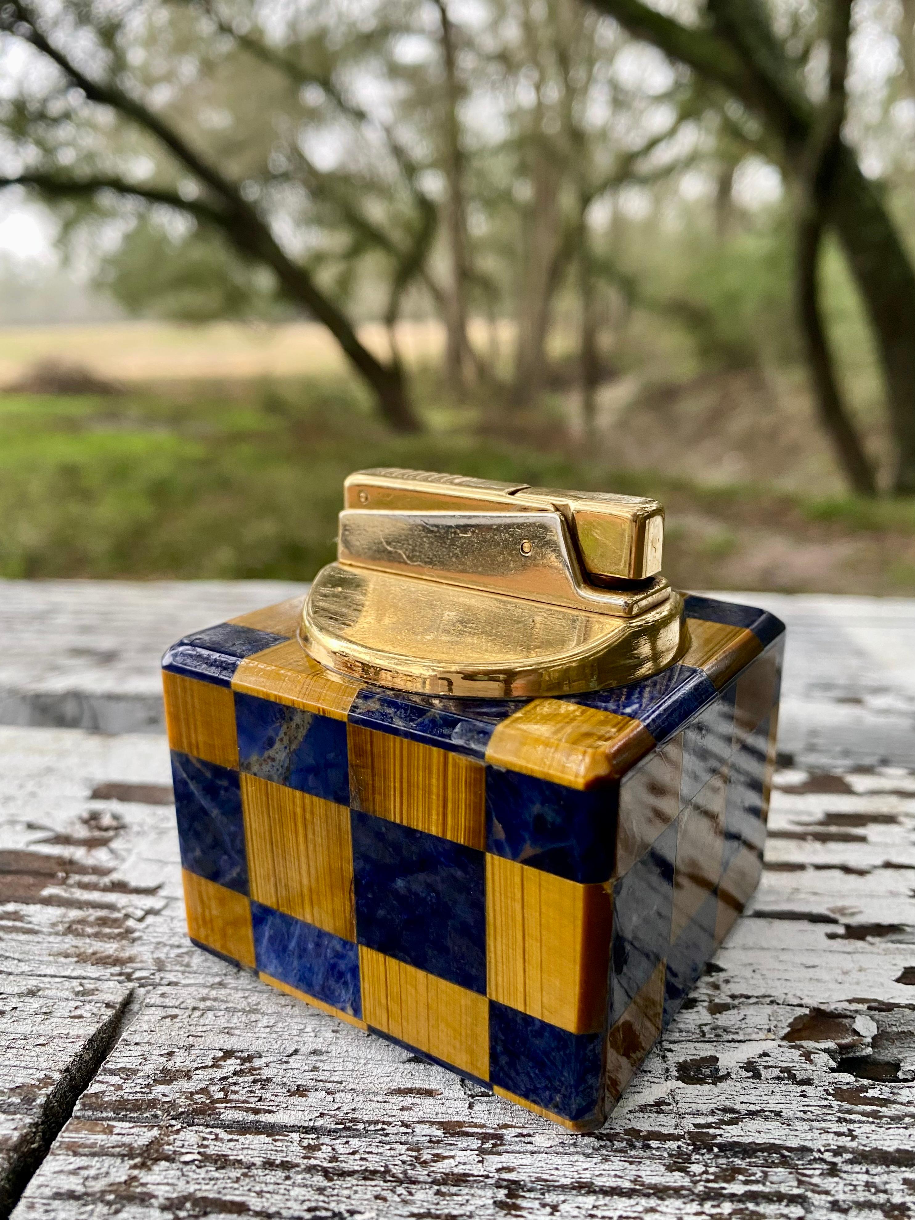 Modernist Lapis + Tiger Eye Gemstone Table Lighter 1