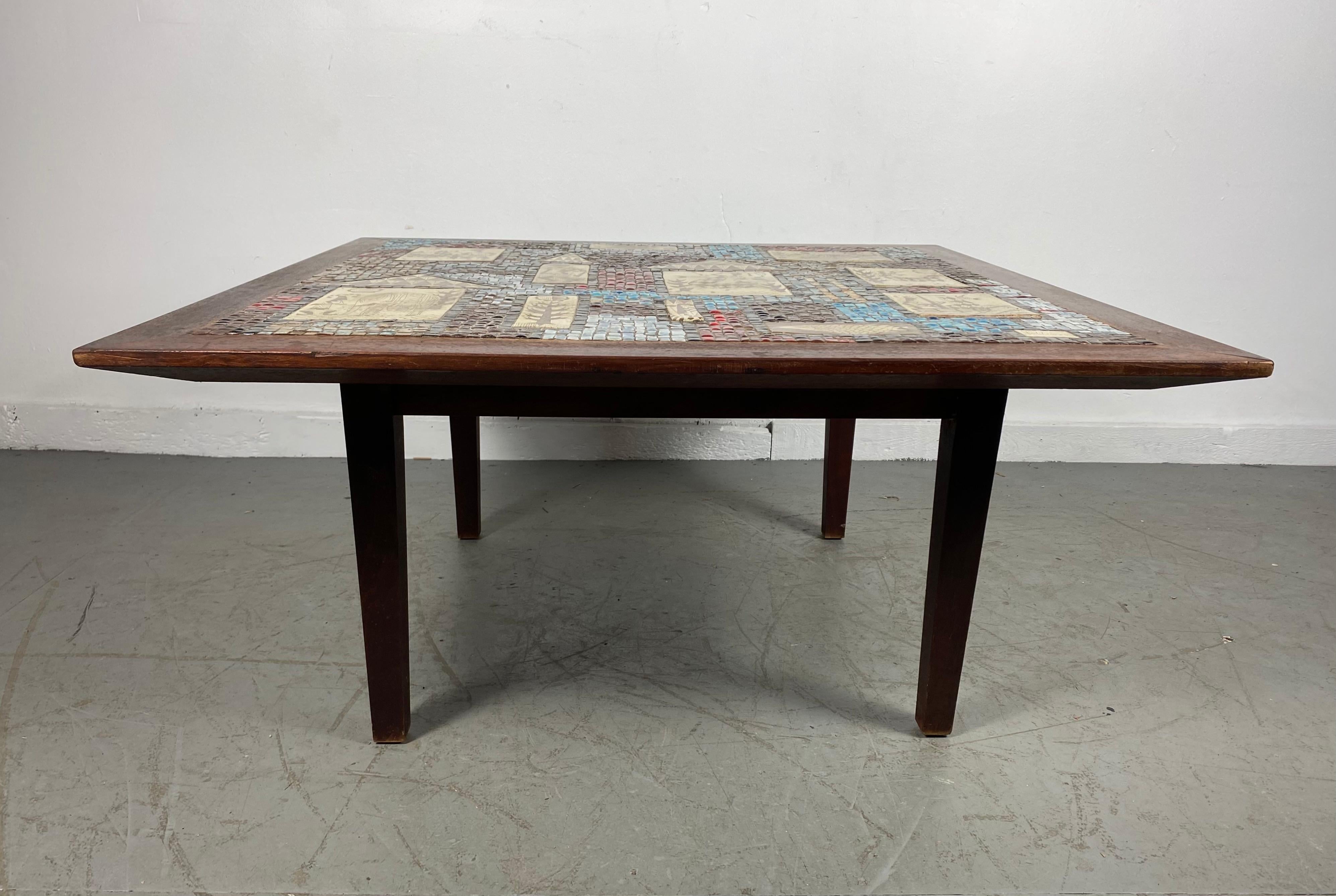 Modernist large mosaic tile top cocktail table by David Holleman, stunning mosaics,,colors ,,composition.. Classic mid century modern design,, Signed ,,Hand delivery avail to New York City or anywhere en route from Buffalo NY.