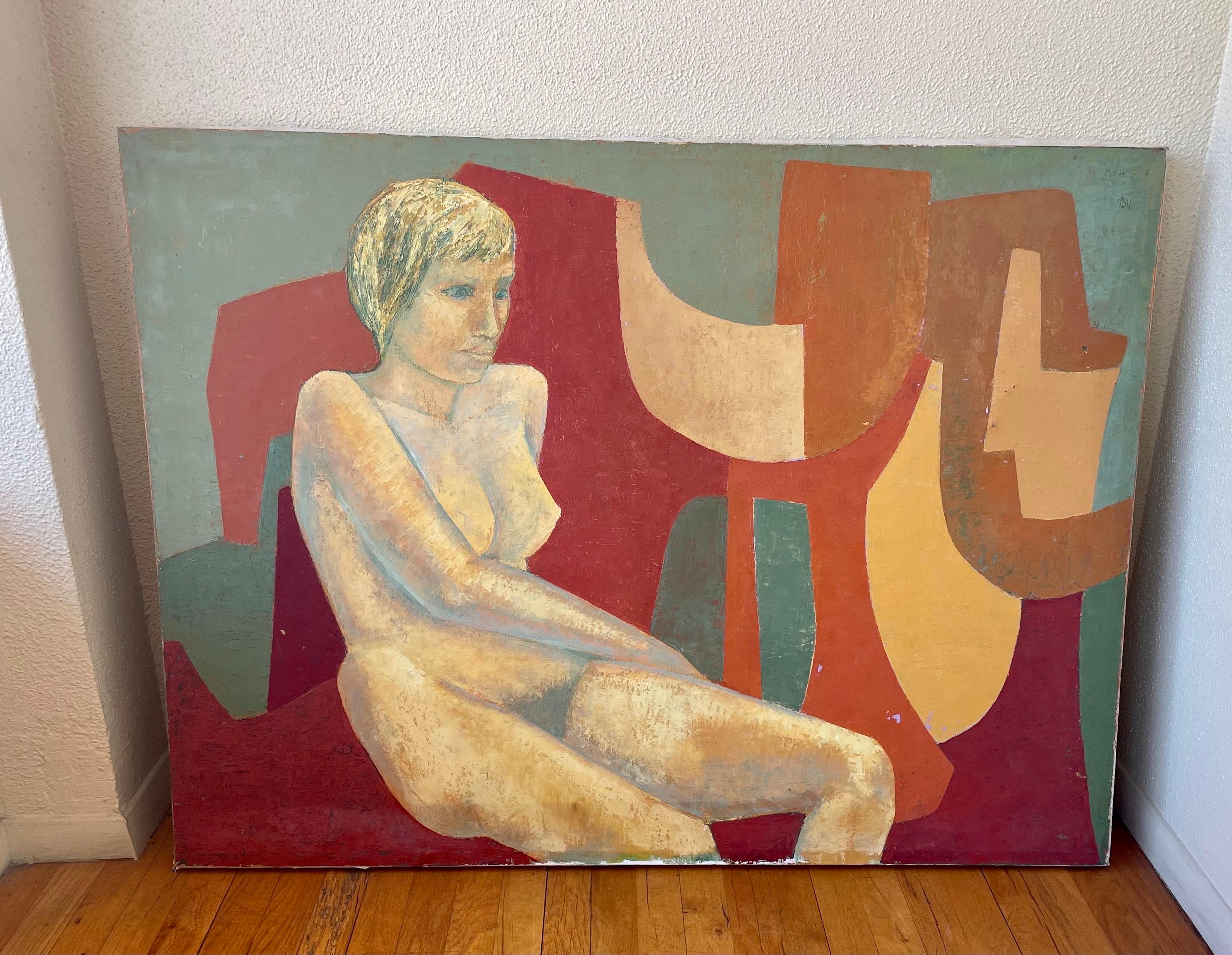 Mid-Century Modern Modernist Large Nude Original Oil on Canvas Painting 1960's Signed