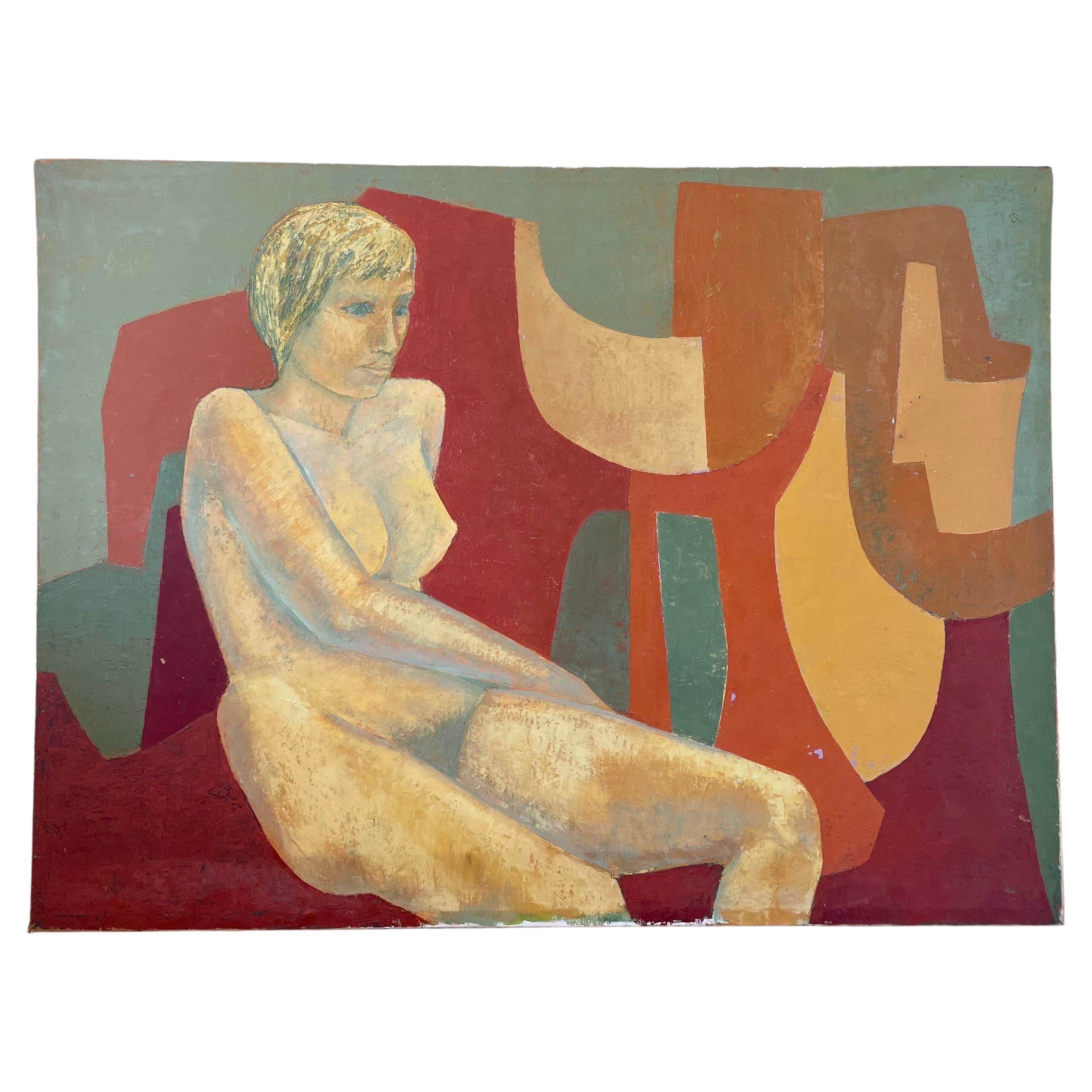 Modernist Large Nude Original Oil on Canvas Painting 1960's Signed