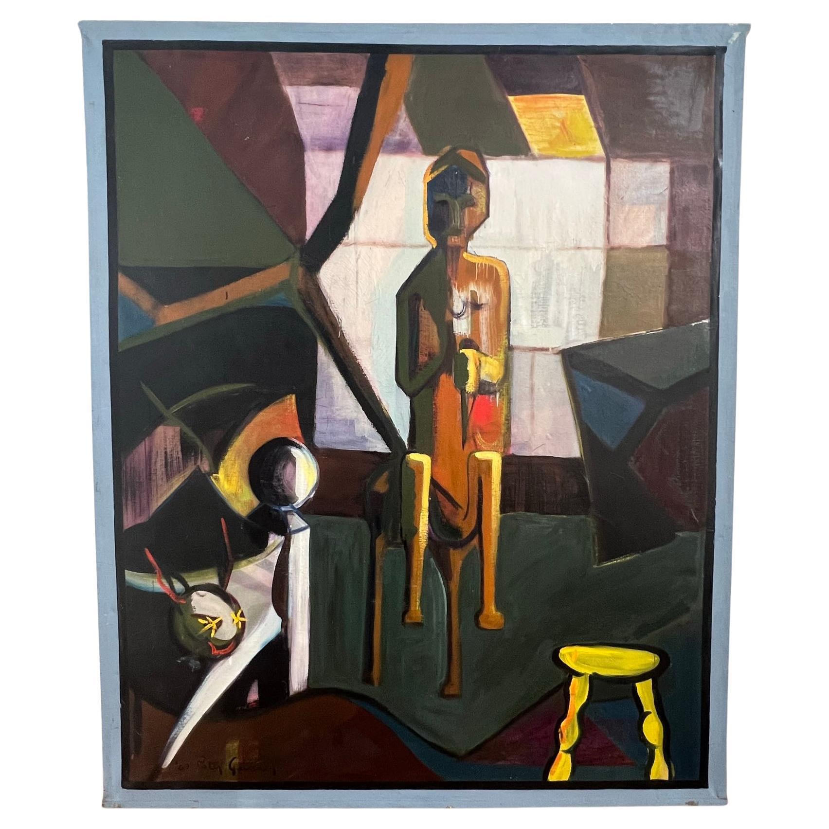 Modernist Large Scale Figurative Interior Scene by Peter Geisser, d. 1967 For Sale