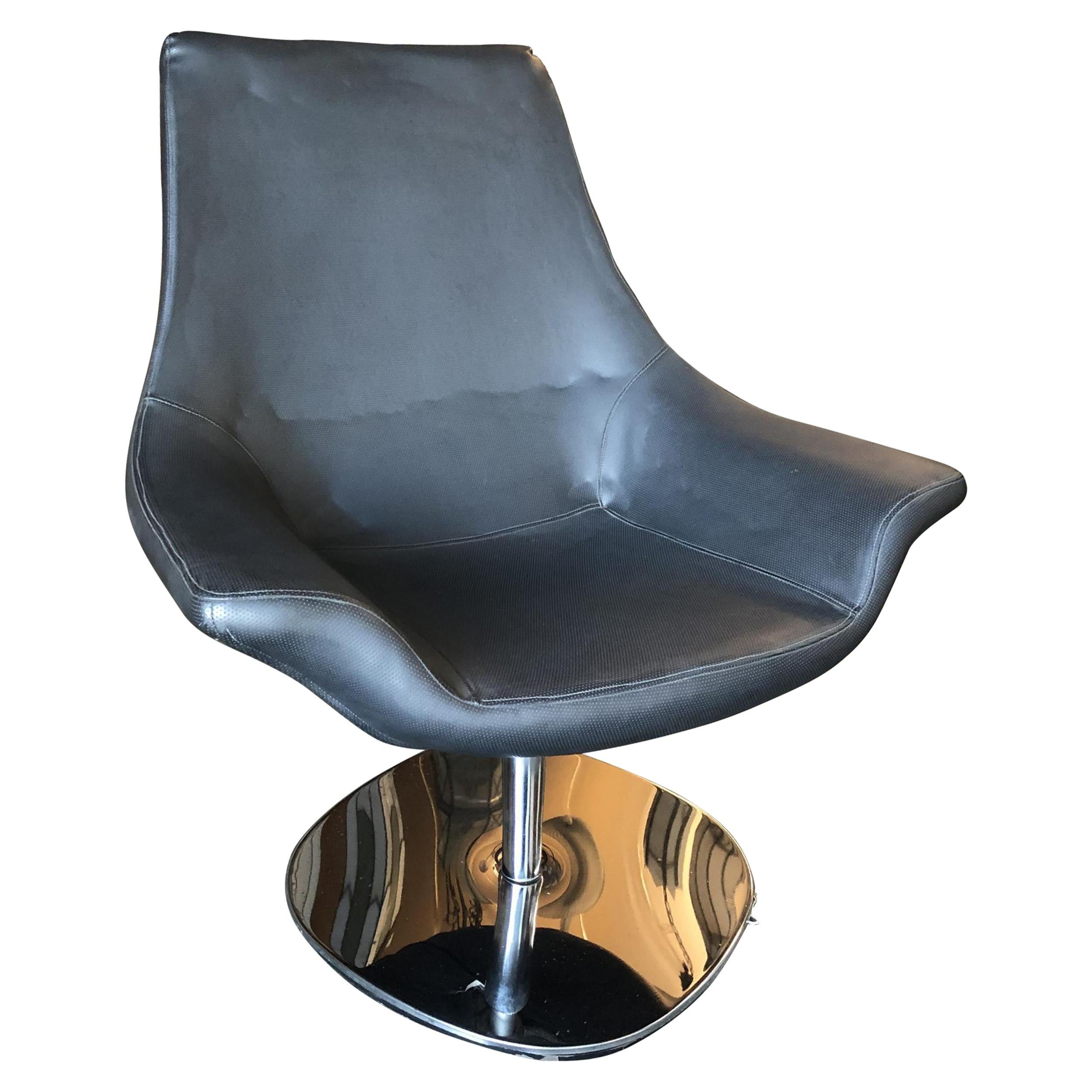 Modernist Leather Captian's Lounge Chair with Chrome Base, Circa 1980