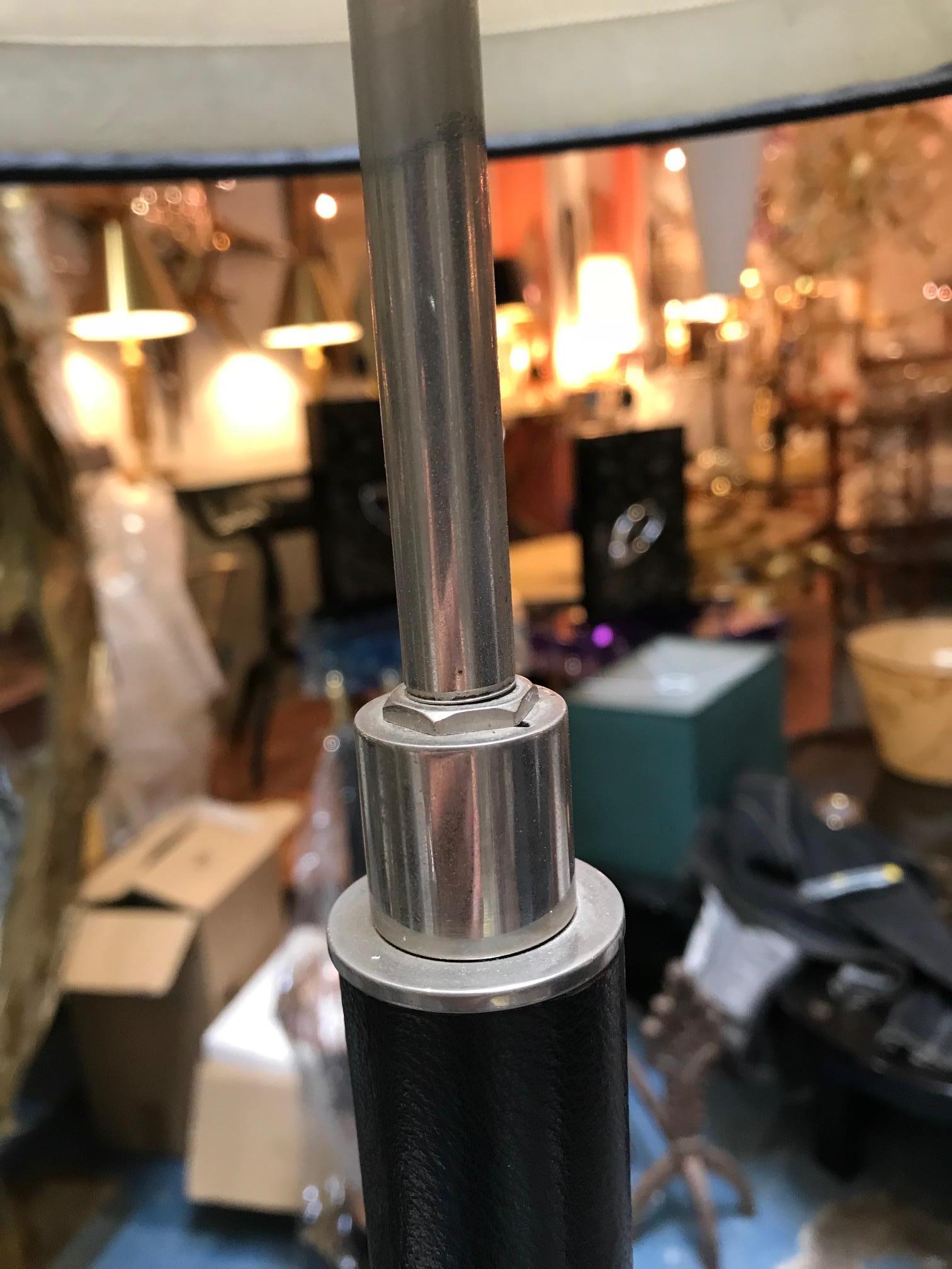 Modernist Leather Chrome  and Nickel  Floor Lamp in the Style of Jacques Adnet In Good Condition For Sale In Montreal, QC