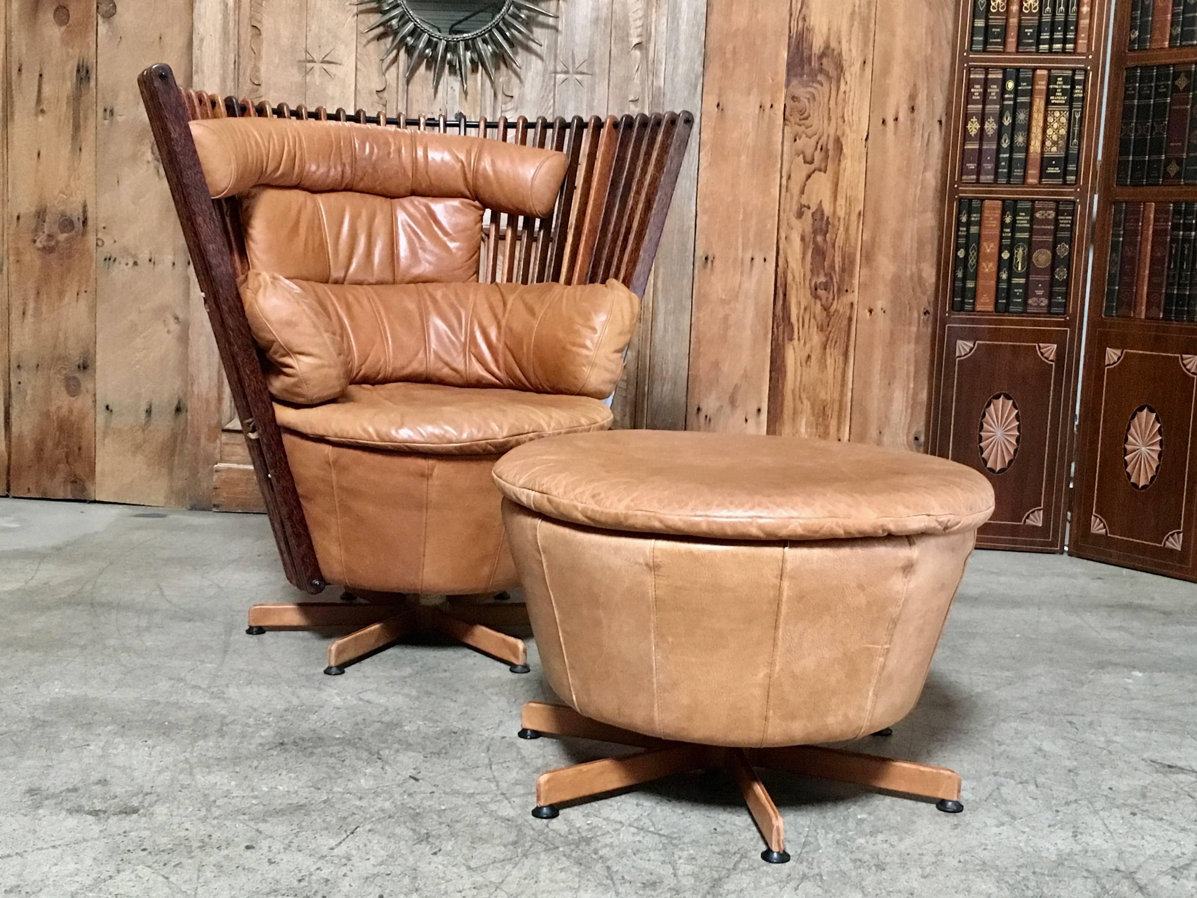 Contemporary Modernist Leather Swivel Chair and Ottoman by Pacific Green