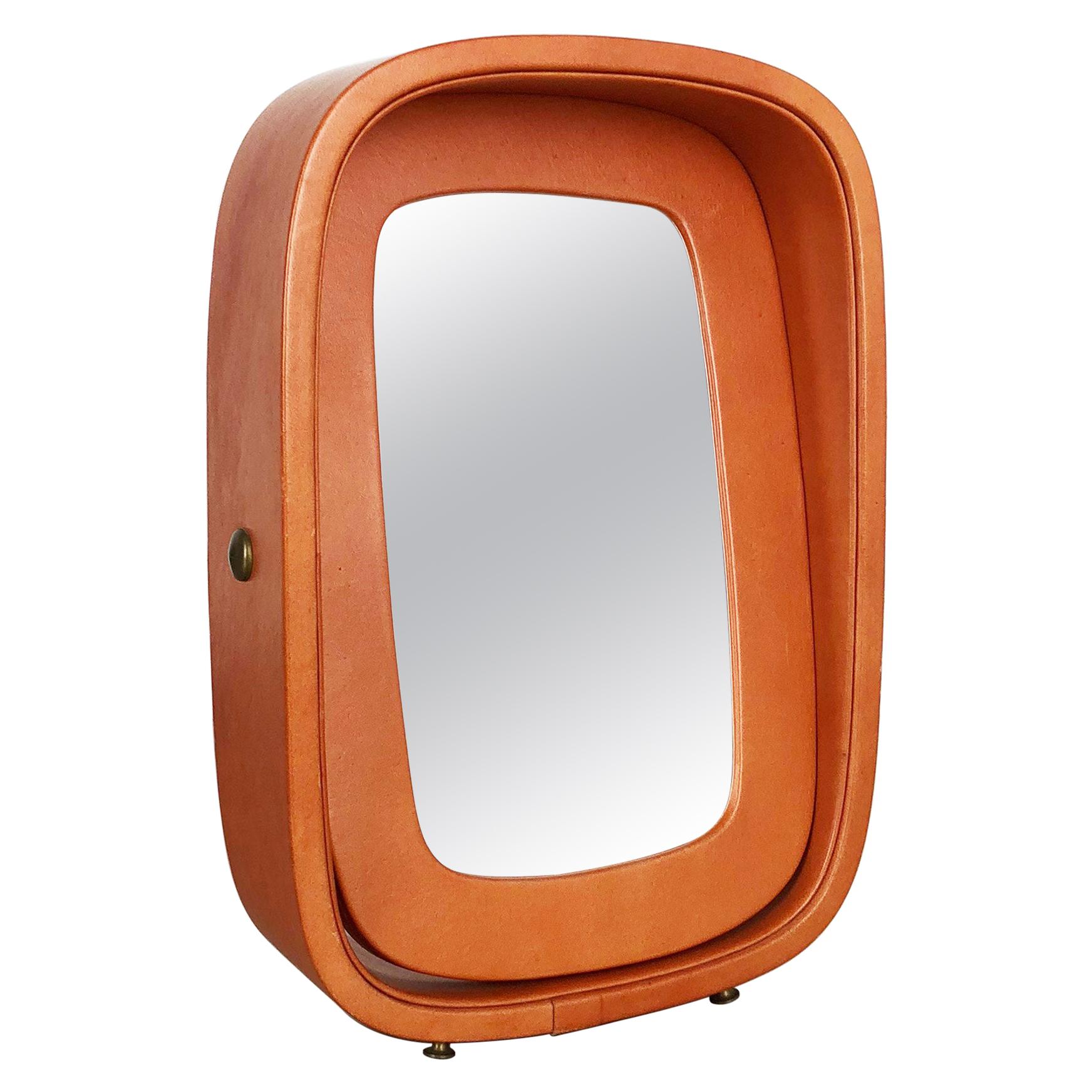 Modernist Leather Table Mirror Vereinigte Werkstätten Attrib., Germany, 1960s