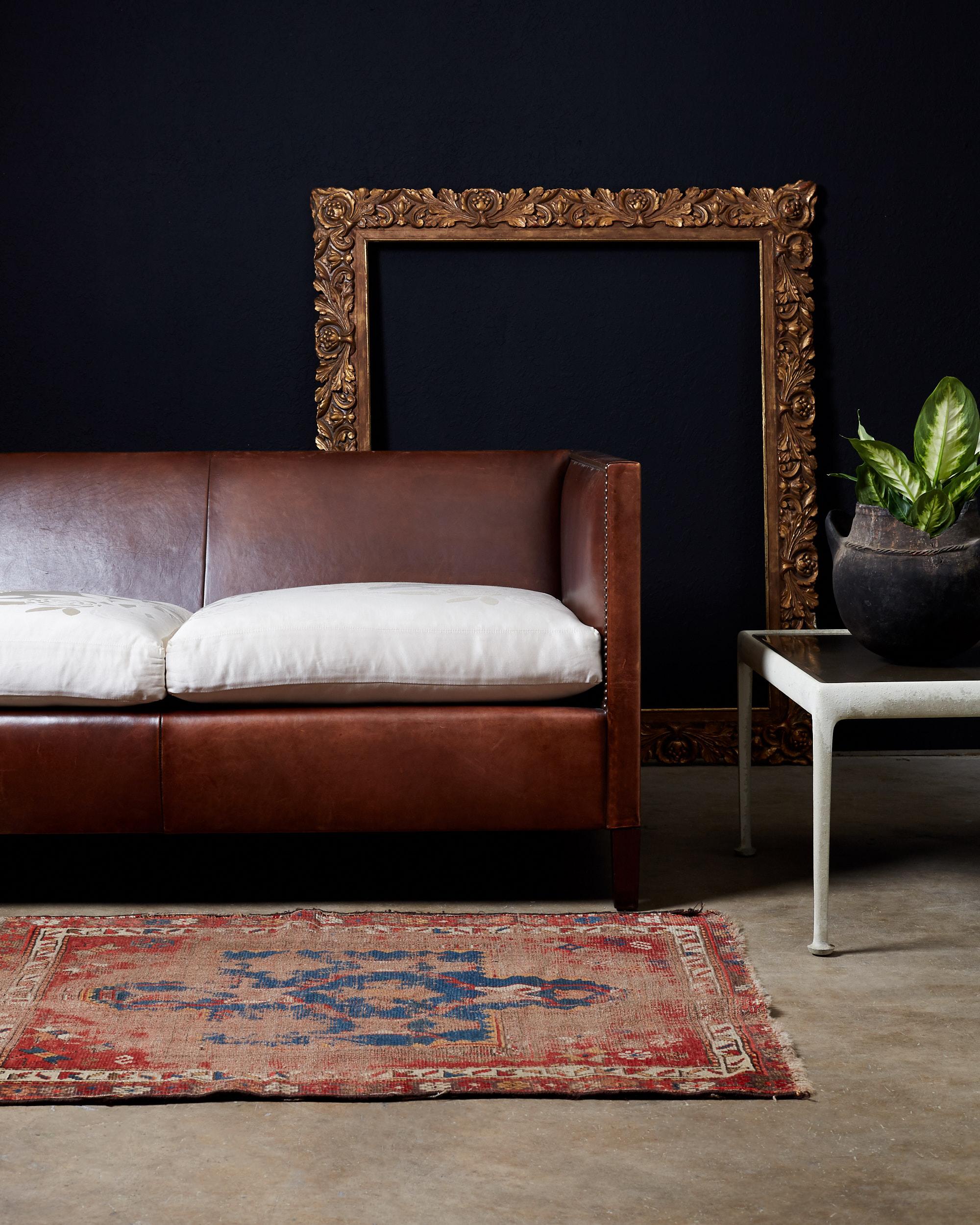 Brass Modernist Leather Three-Seat Case Sofa