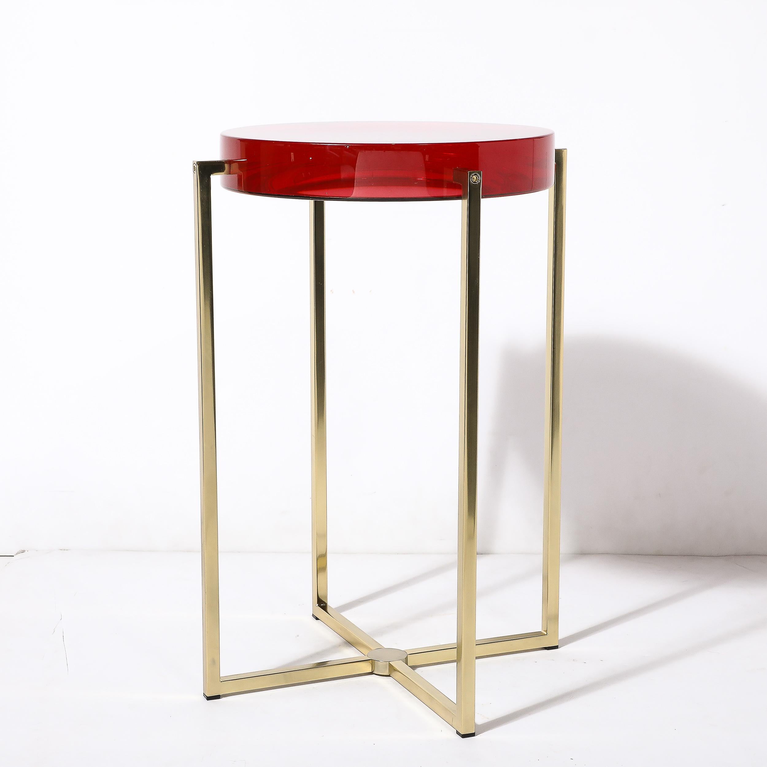 Modernist Lens Side Table in Ruby Lucite and Brass by McCollin Bryan 5