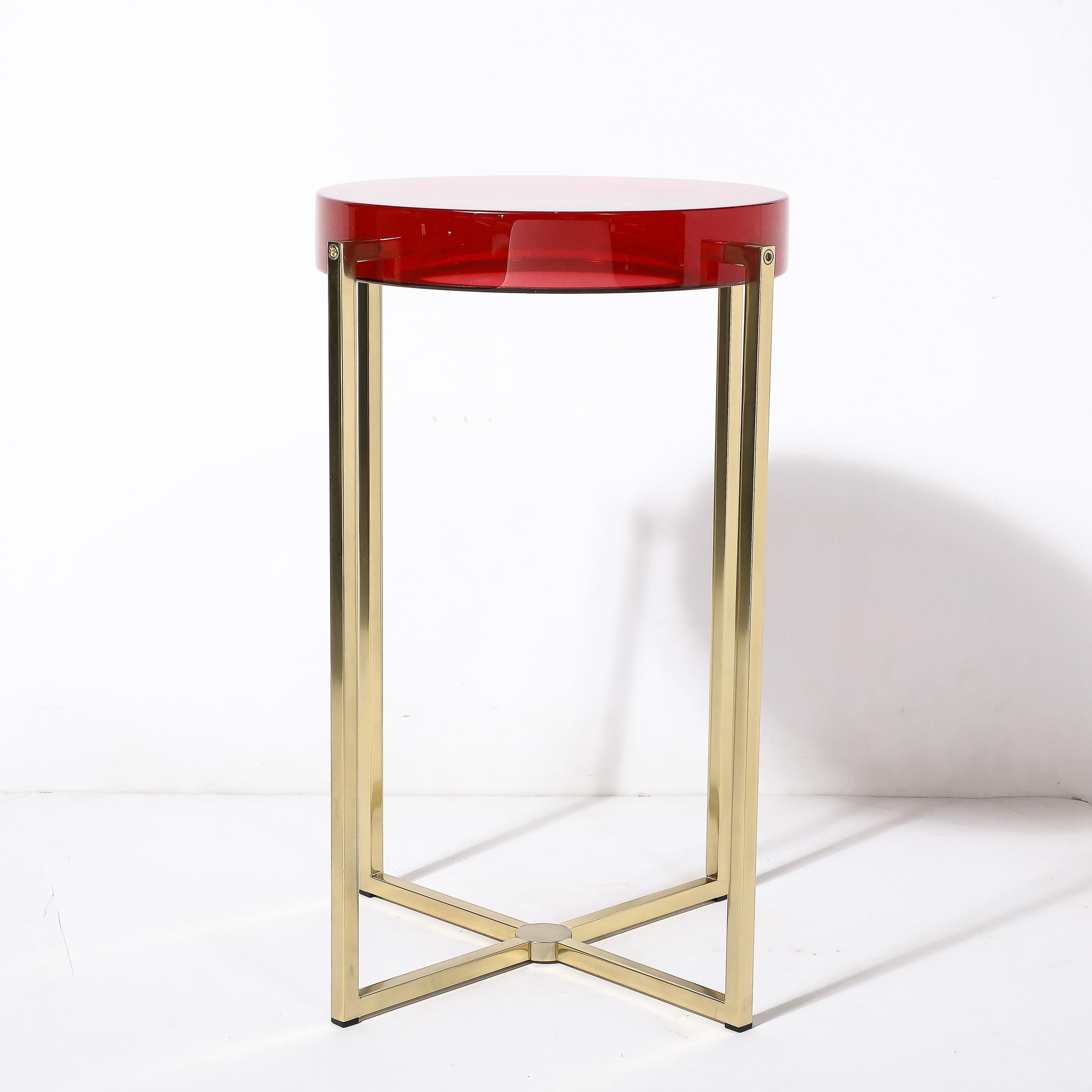 Modernist Lens Side Table in Ruby Lucite and Brass by McCollin Bryan 6
