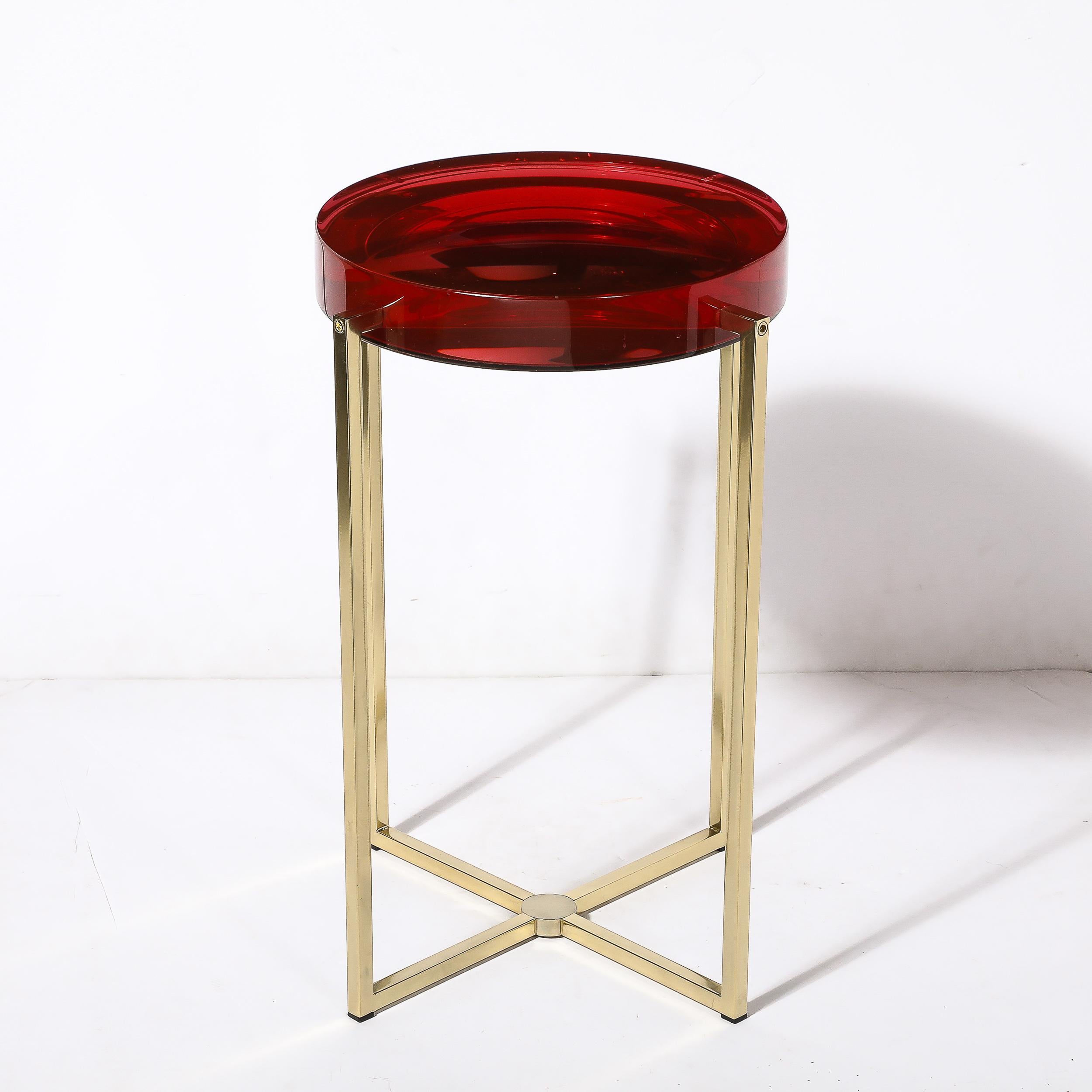 Modernist Lens Side Table in Ruby Lucite and Brass by McCollin Bryan In Excellent Condition In New York, NY