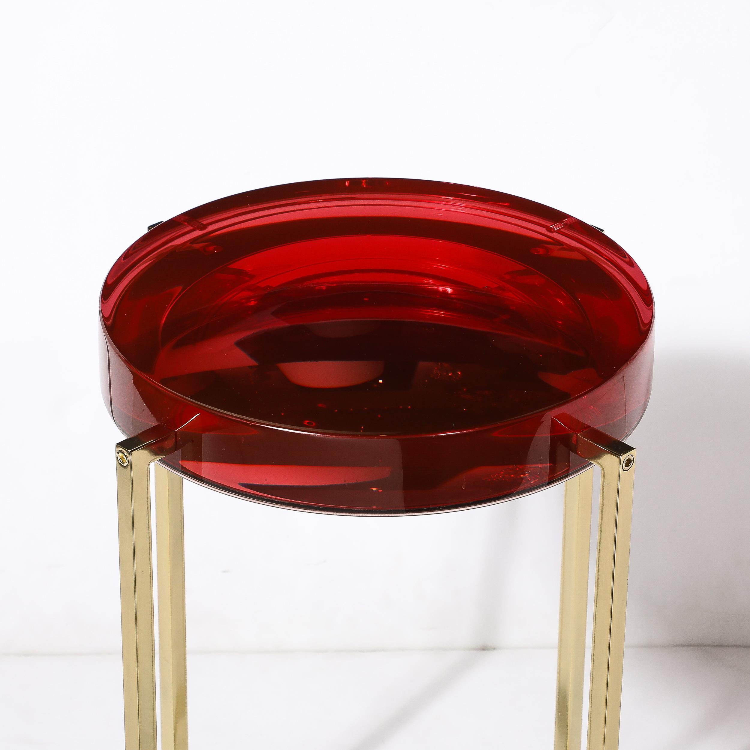 20th Century Modernist Lens Side Table in Ruby Lucite and Brass by McCollin Bryan