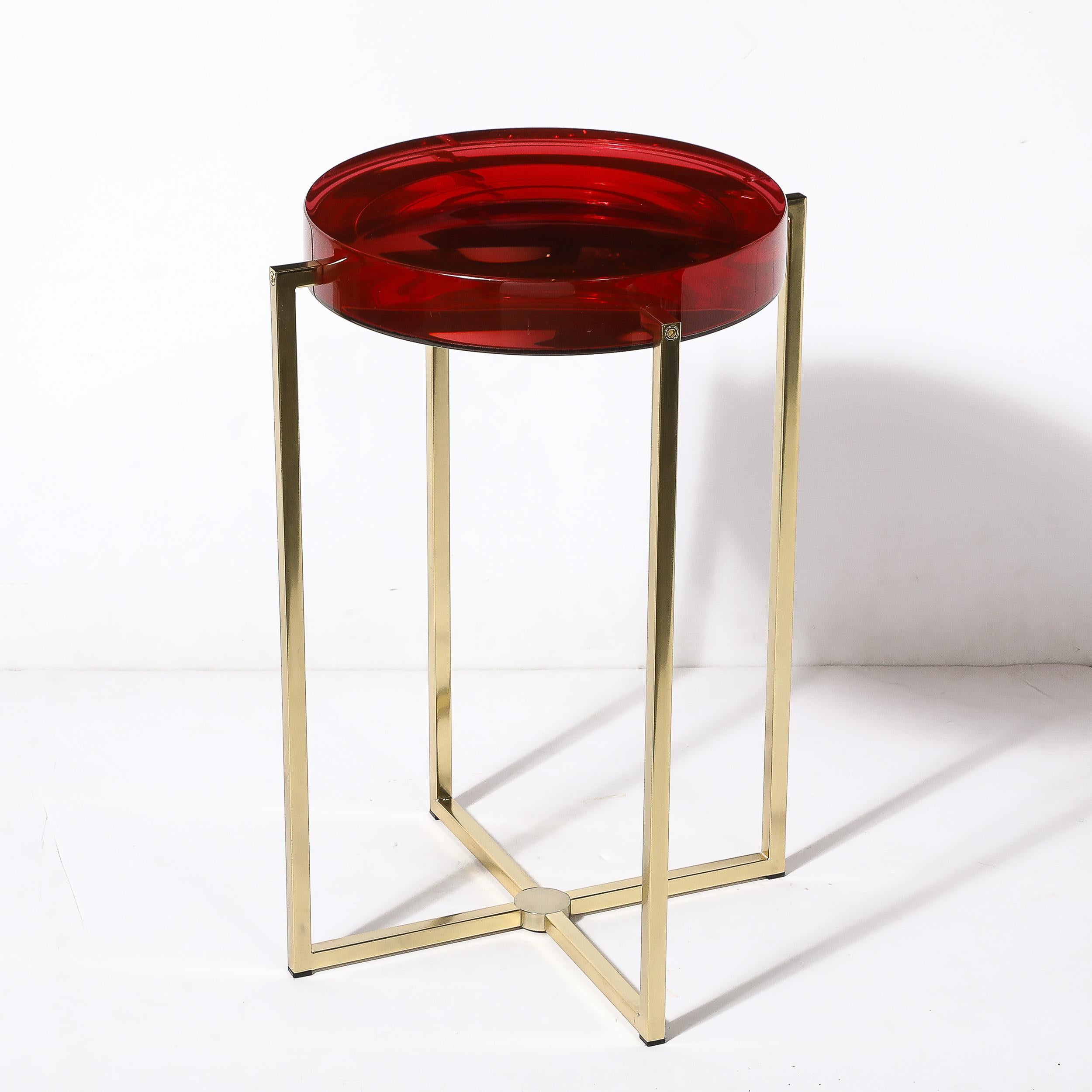 Modernist Lens Side Table in Ruby Lucite and Brass by McCollin Bryan 2