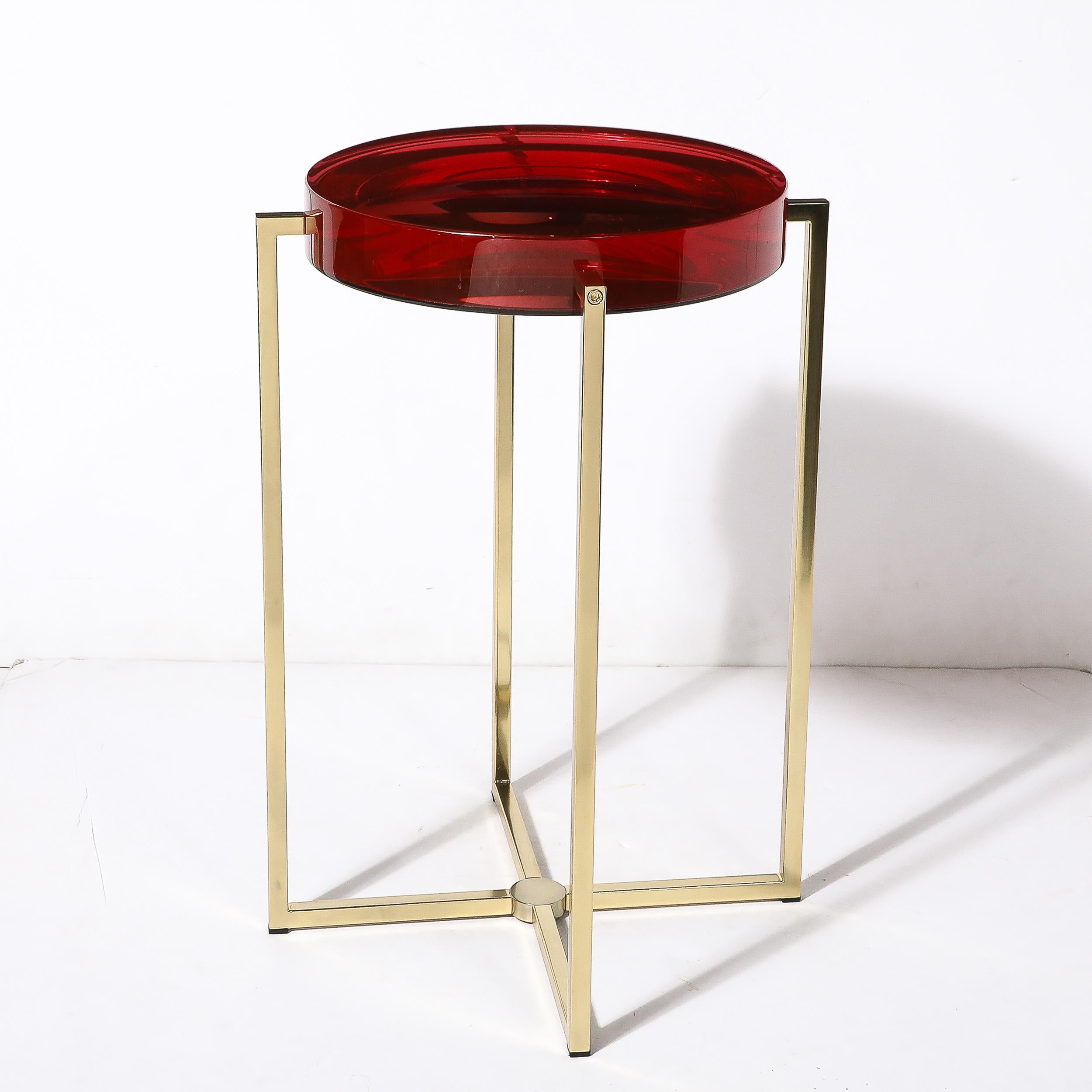 Modernist Lens Side Table in Ruby Lucite and Brass by McCollin Bryan 3