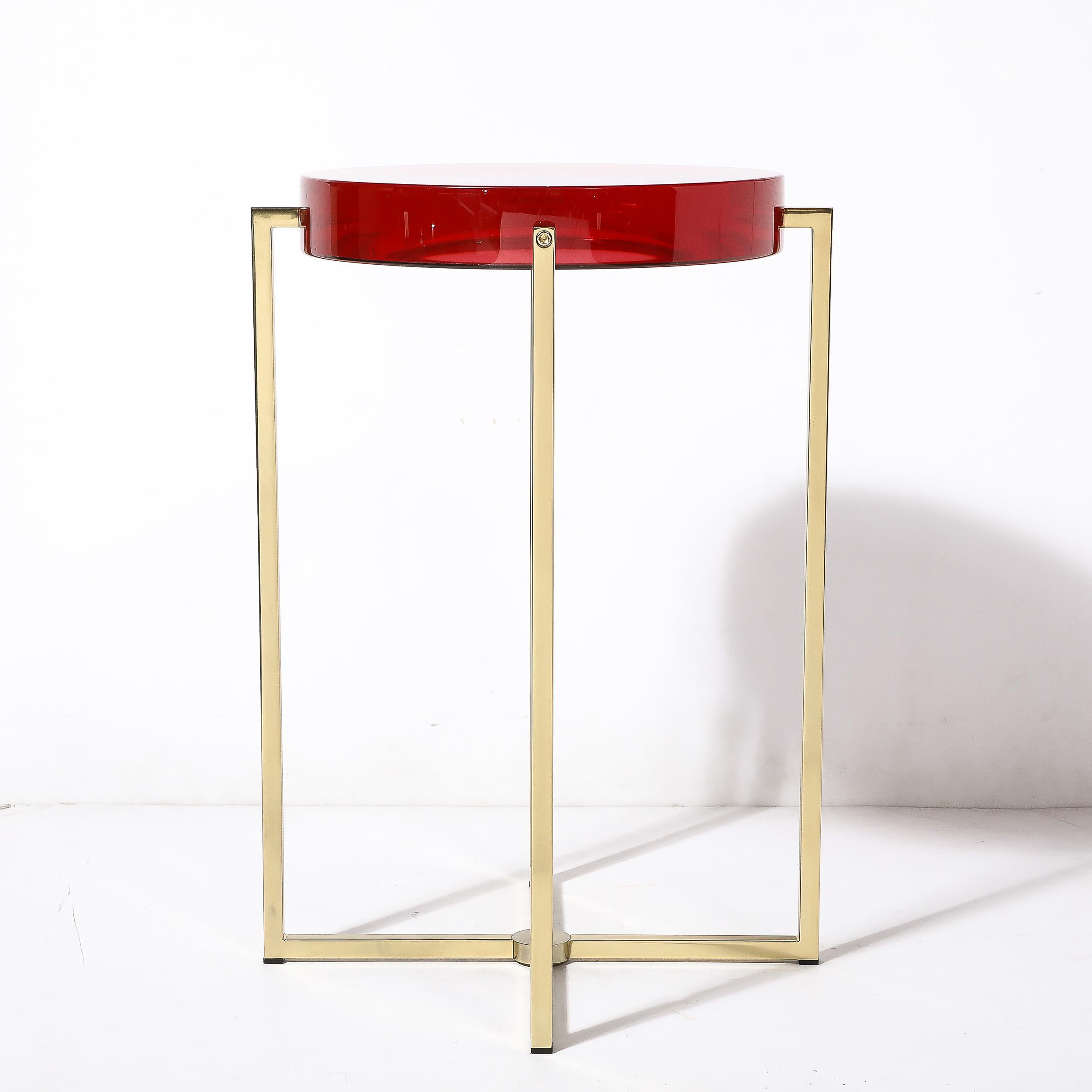 Modernist Lens Side Table in Ruby Lucite and Brass by McCollin Bryan 4