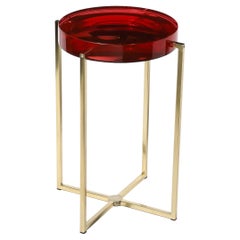 Modernist Lens Side Table in Ruby Lucite and Brass by McCollin Bryan