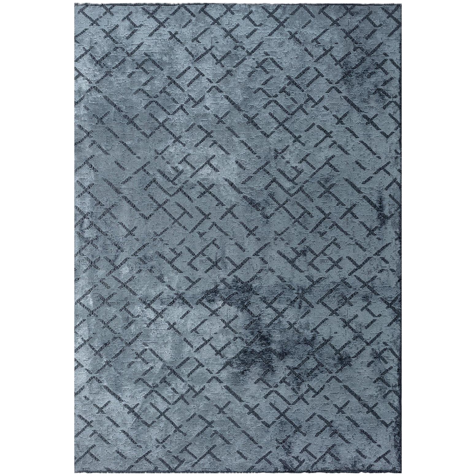 Modernistischer hellblauer Teppich mit abstraktem Wiederholungsmuster und Fransen mit oder ohne Fransen