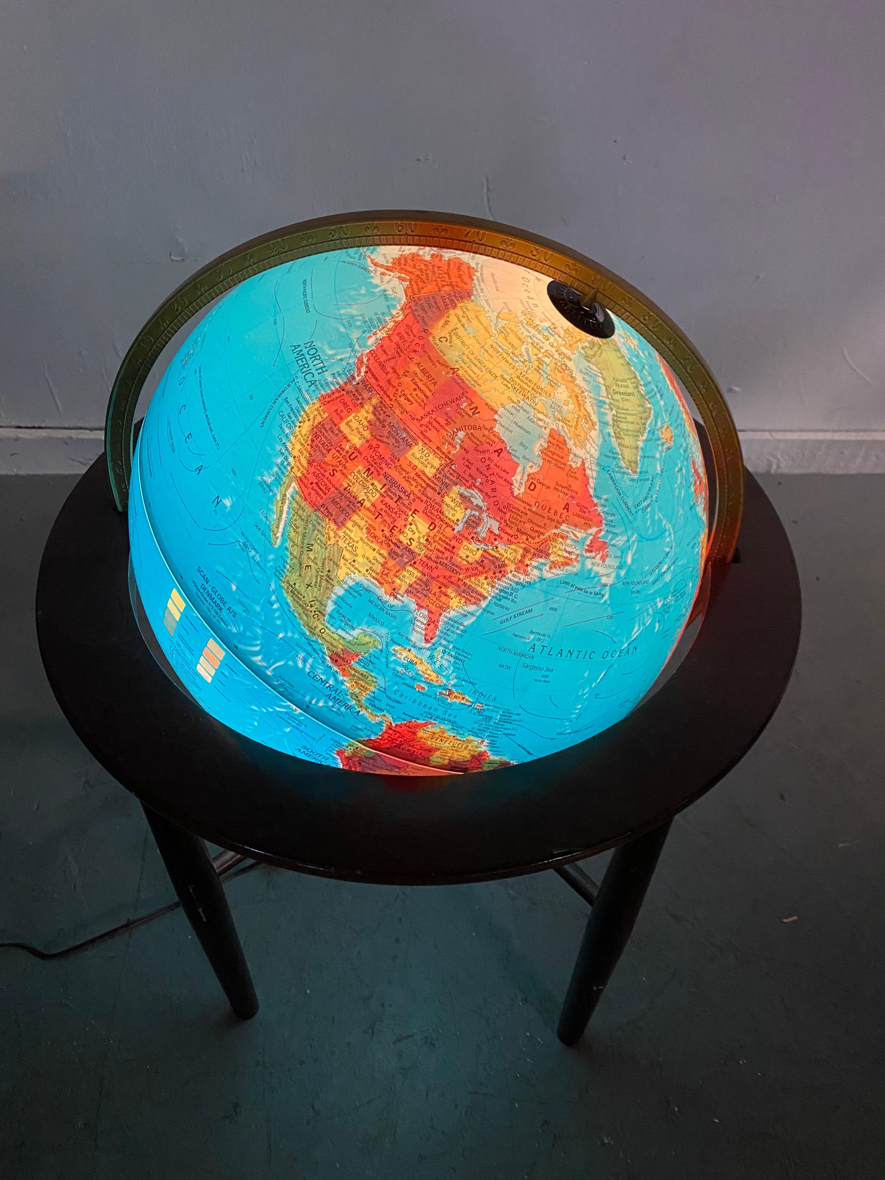 Modernist lighted world globe on stand illuminated, Scan Globe a/s Denmark, classic modernist design, stylized walnut stand.