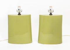 Modernist Lime Green Glazed Ceramic Lamps, Pair