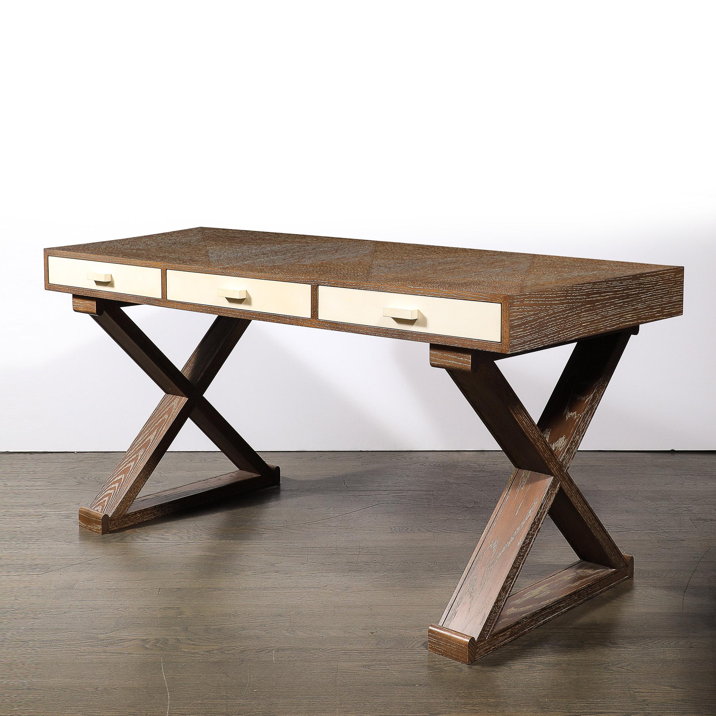 This balanced and materially striking Modernist Limed Oak Frank X Base Desk by Mattaliano originates from the United States during the 20th Century. Features a triangular base formed of rectangular elements that support the top surface of the desk,