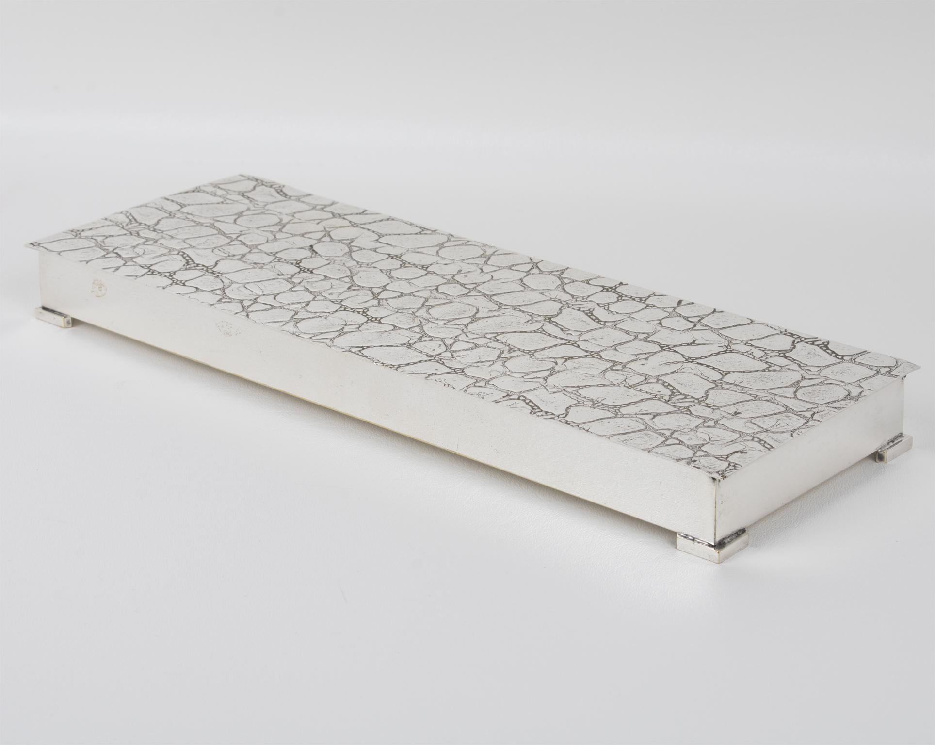 Mid-Century Modern Modernist Long and Flat Silver Plate Box with Crocodile Pattern, circa 1960 For Sale