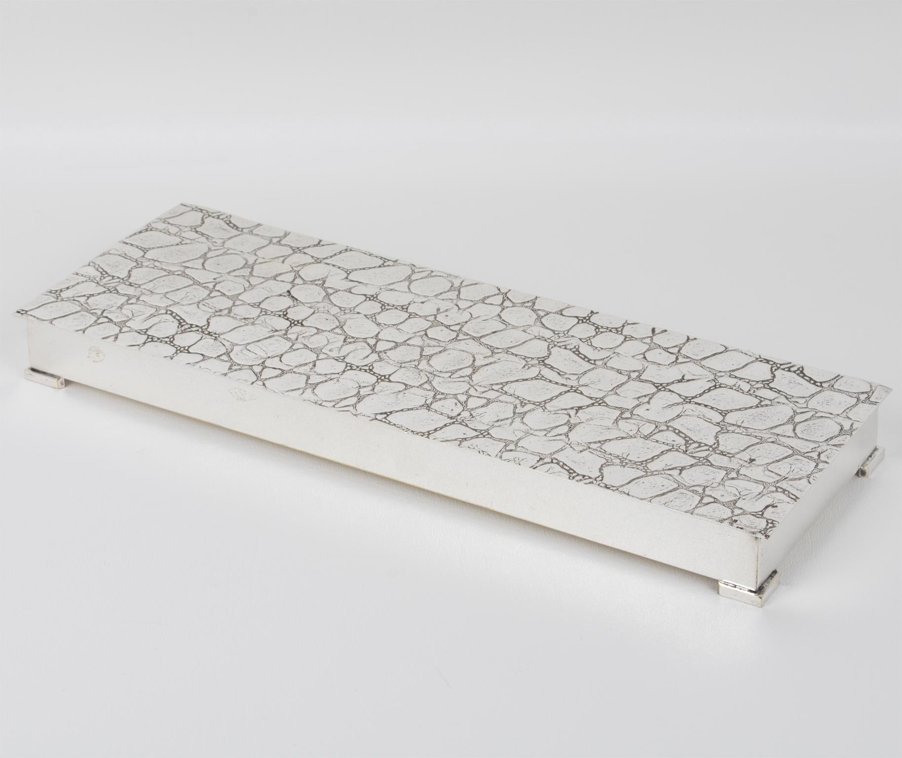 French Modernist Long and Flat Silver Plate Box with Crocodile Pattern, circa 1960 For Sale