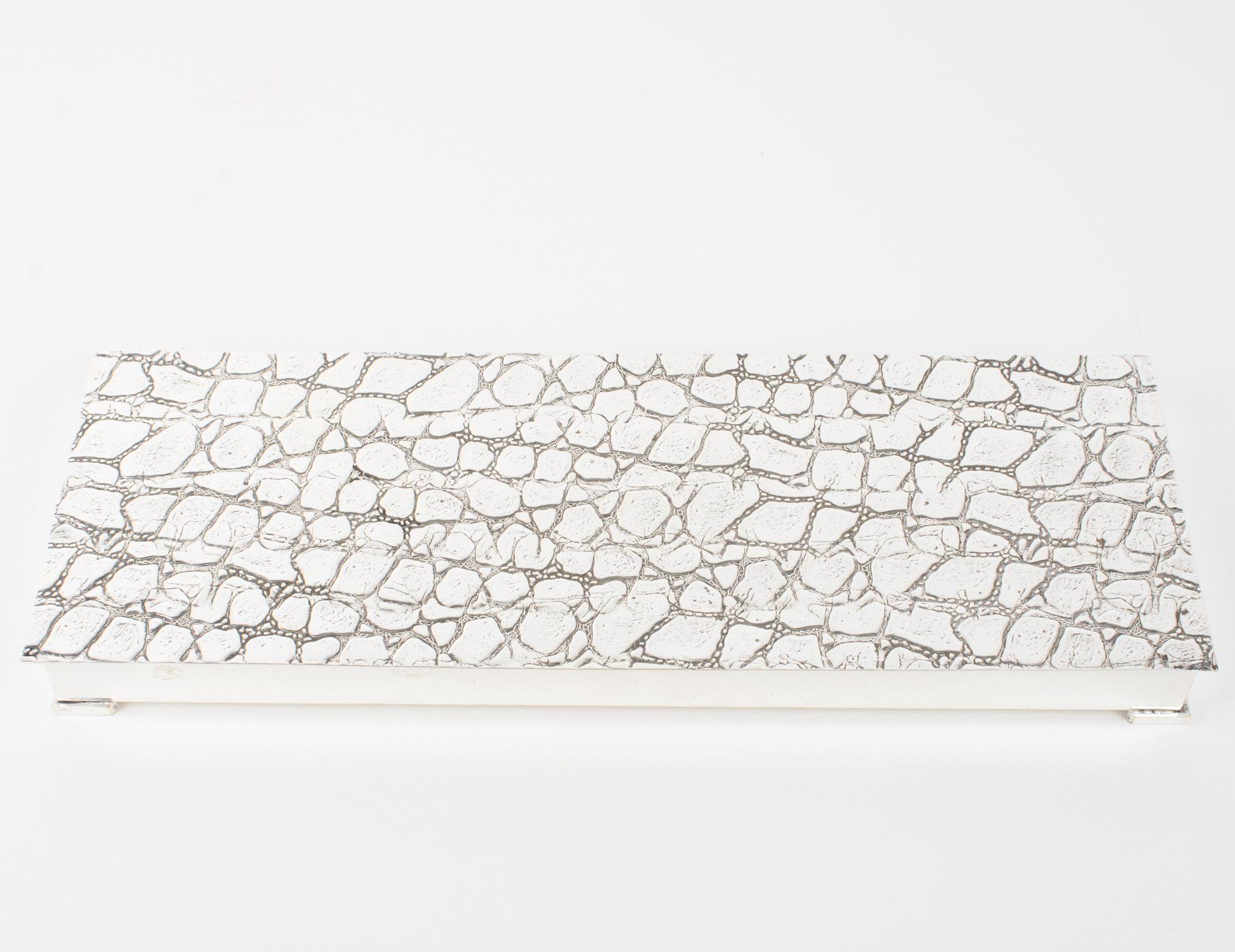 Metal Modernist Long and Flat Silver Plate Box with Crocodile Pattern, circa 1960 For Sale