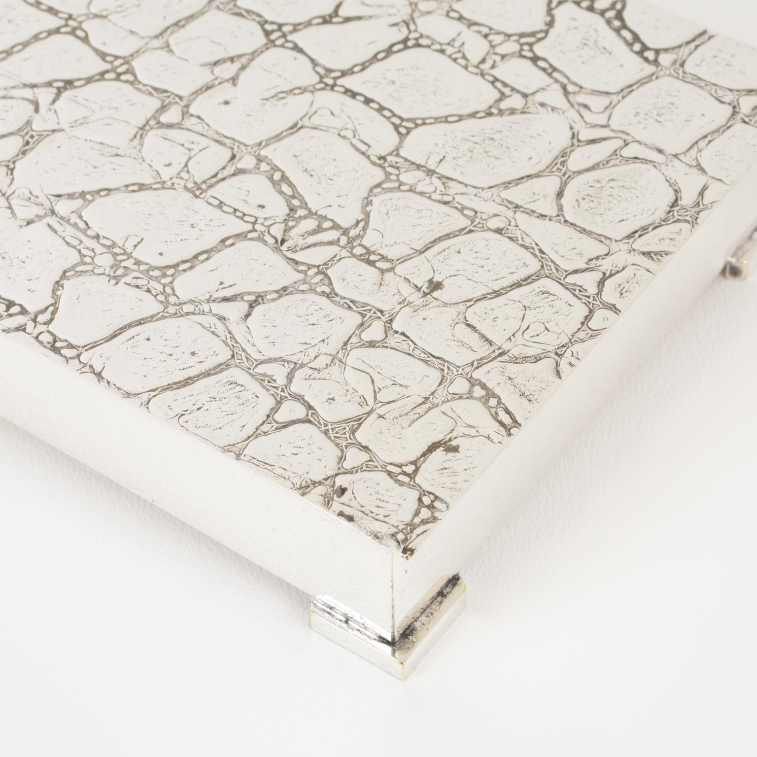 Modernist Long and Flat Silver Plate Box with Crocodile Pattern, circa 1960 For Sale 1