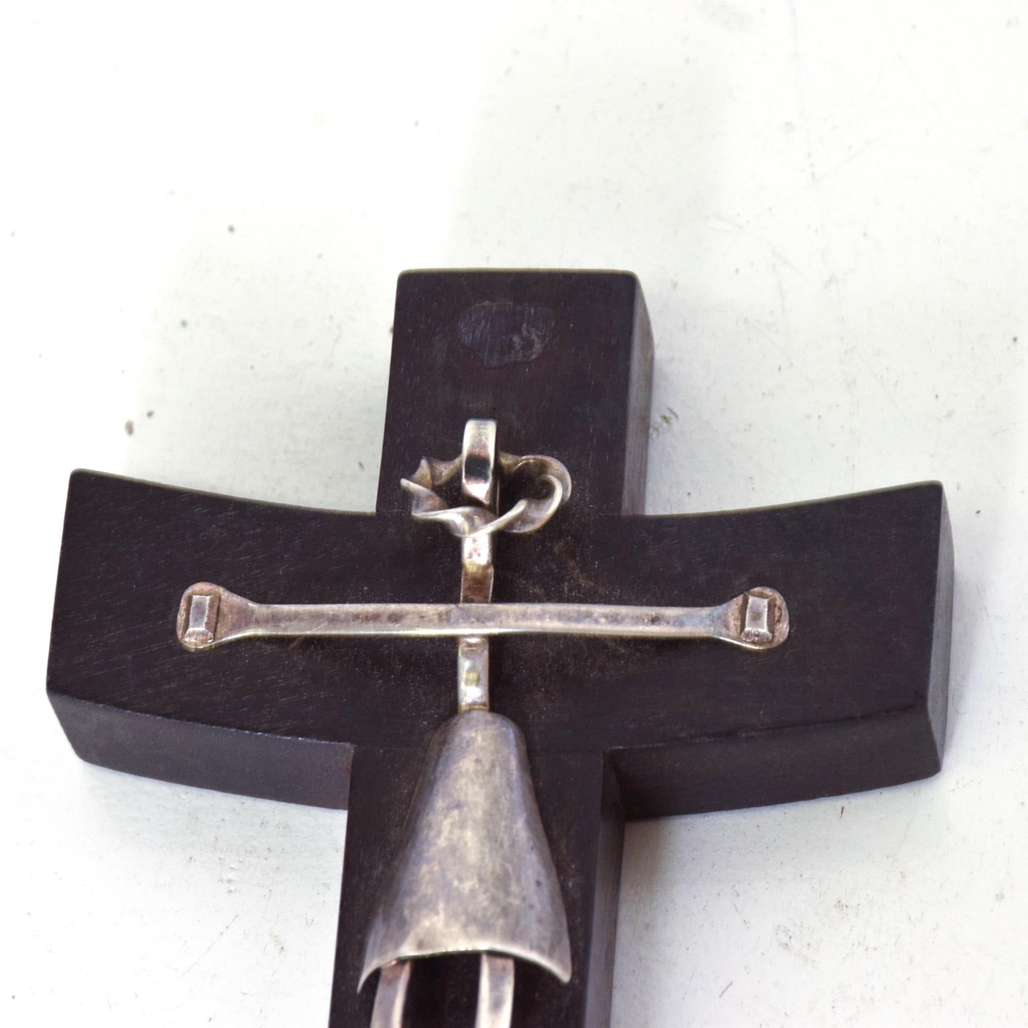 Mid-20th Century 1940s Los Castillo Abstract Cross Thick Mahogany Wood + Sterling Silver Mexico For Sale