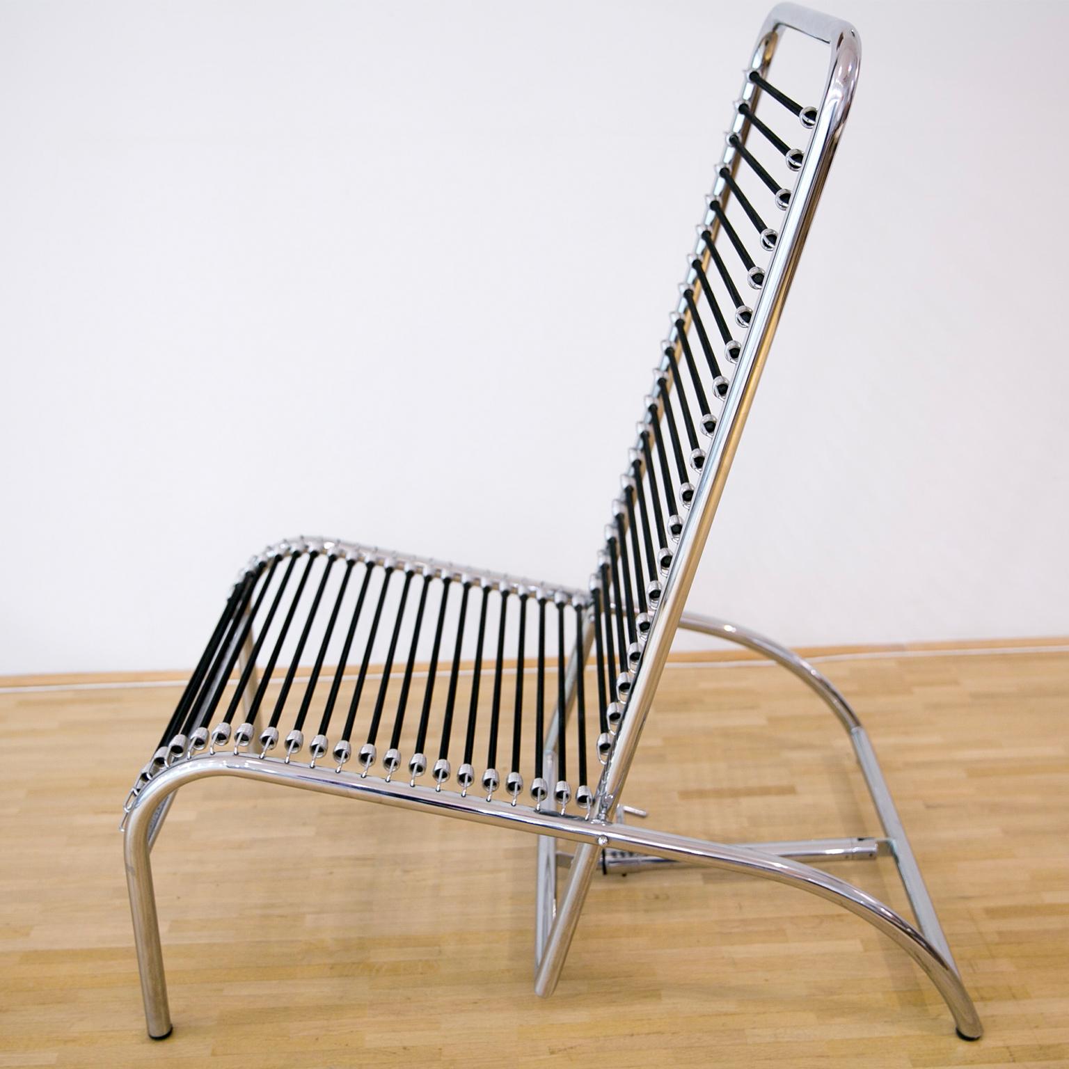 A reclining chair by René Herbst made of chrome tube and sandows. Created in the late 1920’s by french architect René Herbst aka “the man of steel” he made a lot of different chairs out of metal tube which allowed mass production of furniture and