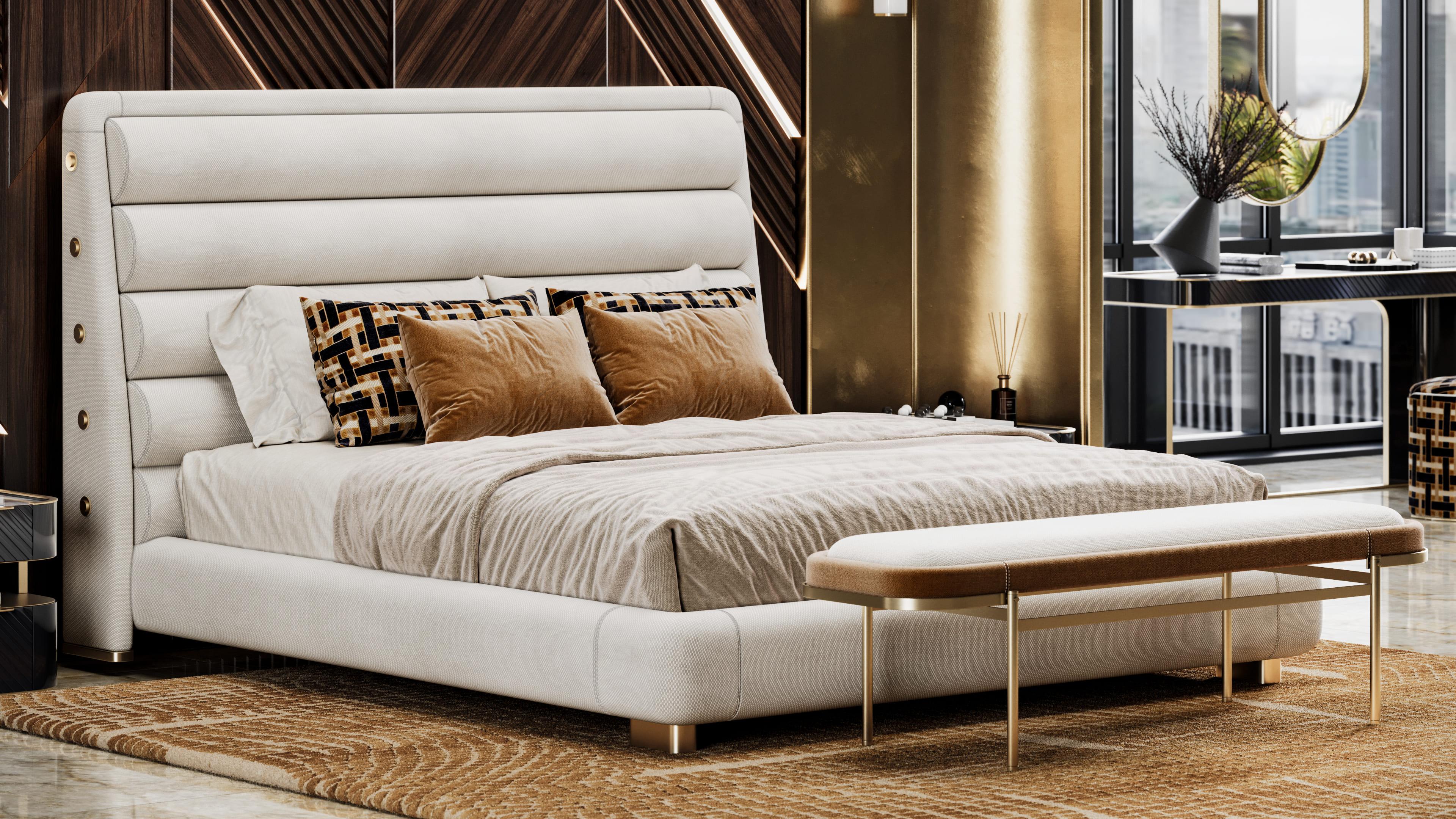 Lucent bed embodies modernist purity with a serene, architectural presence. Defined by clean lines and a weightless silhouette, Lucent is a study in quiet restraint — its low, linear frame and subtly curved headboard create a sense of calm and