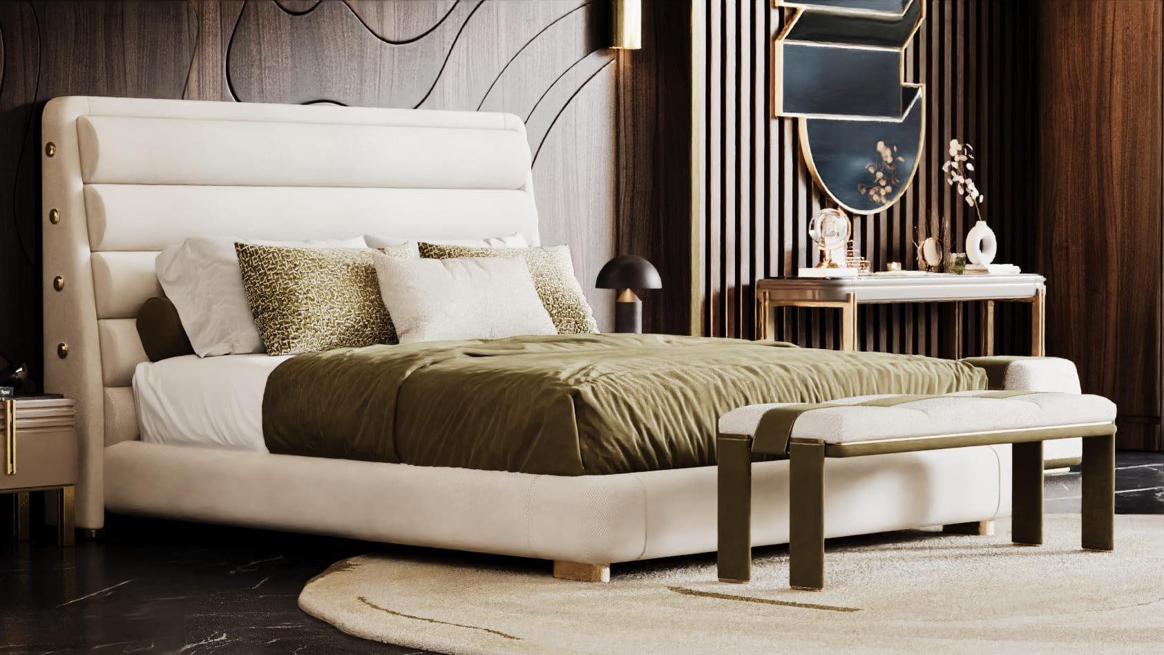 Brushed Modernist Lucent Bed in Cream Fabric By Elbra Home For Sale