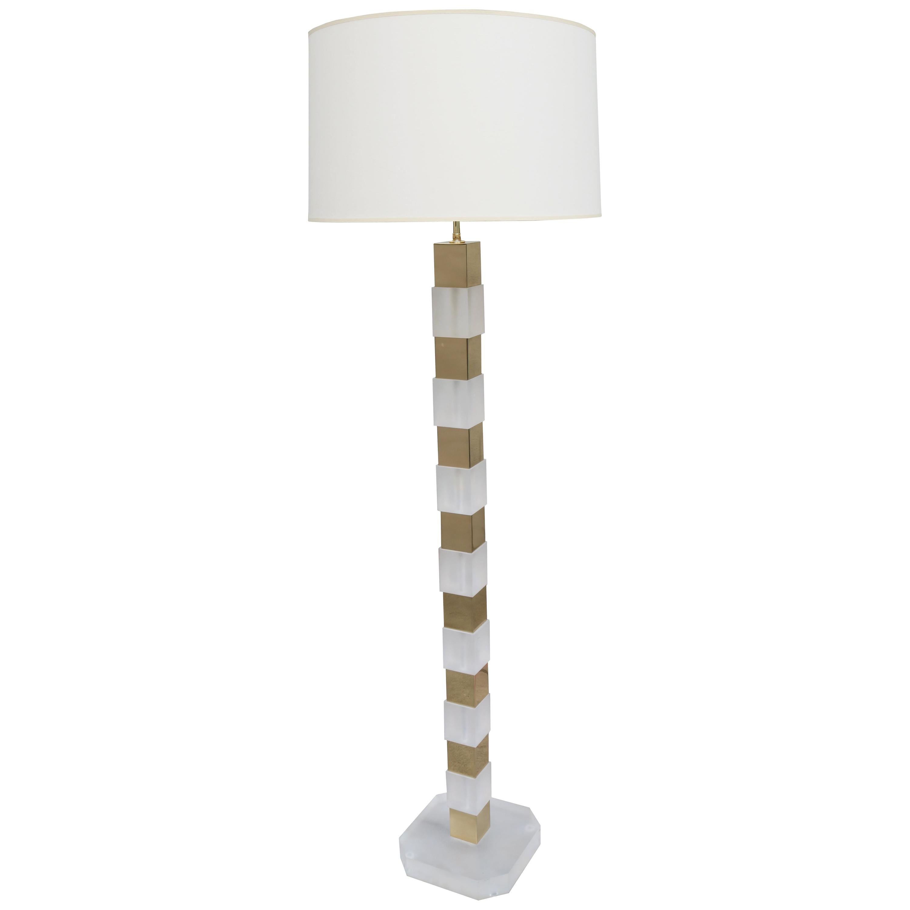 Modernist Lucite and Brass Floor Lamp For Sale