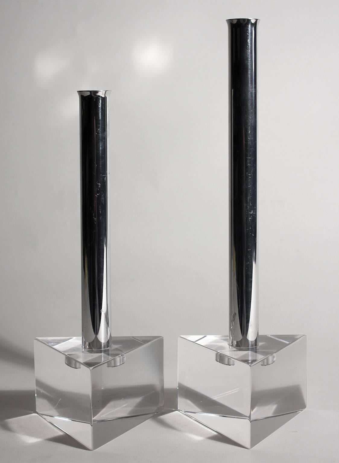 Great set of 1970s Lucite and chrome candlesticks. Form and design are great. In the tall candlestick is 11.75