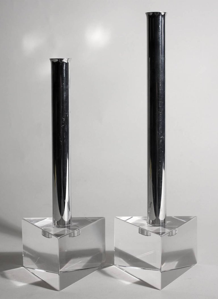 Modernist Lucite and Chrome Candlesticks in the Manner of Charles