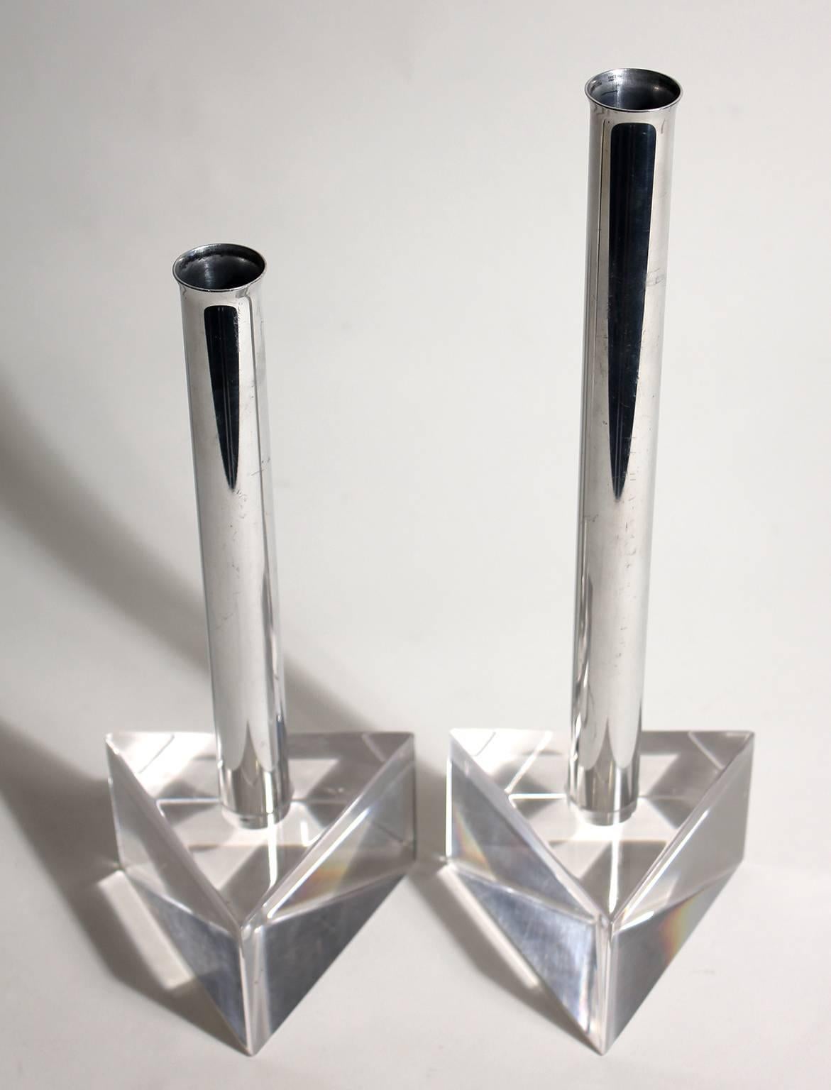 Modernist Lucite and Chrome Candlesticks in the Manner of Charles Hollis Jones In Excellent Condition For Sale In San Diego, CA