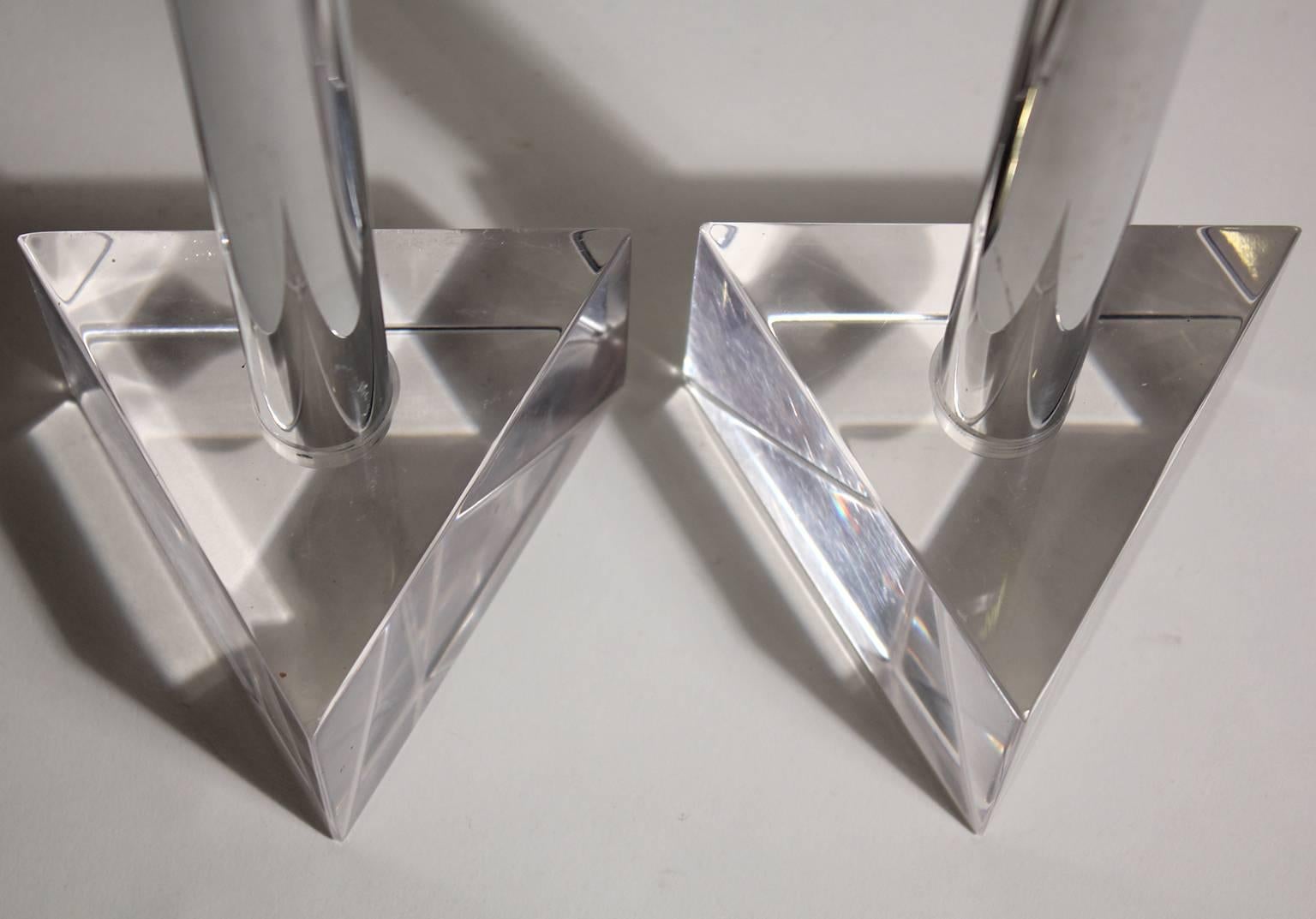 Late 20th Century Modernist Lucite and Chrome Candlesticks in the Manner of Charles Hollis Jones For Sale