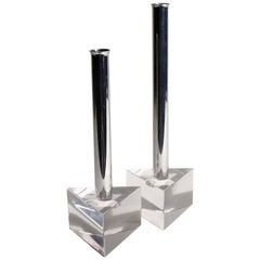 Modernist Lucite and Chrome Candlesticks in the Manner of Charles Hollis Jones
