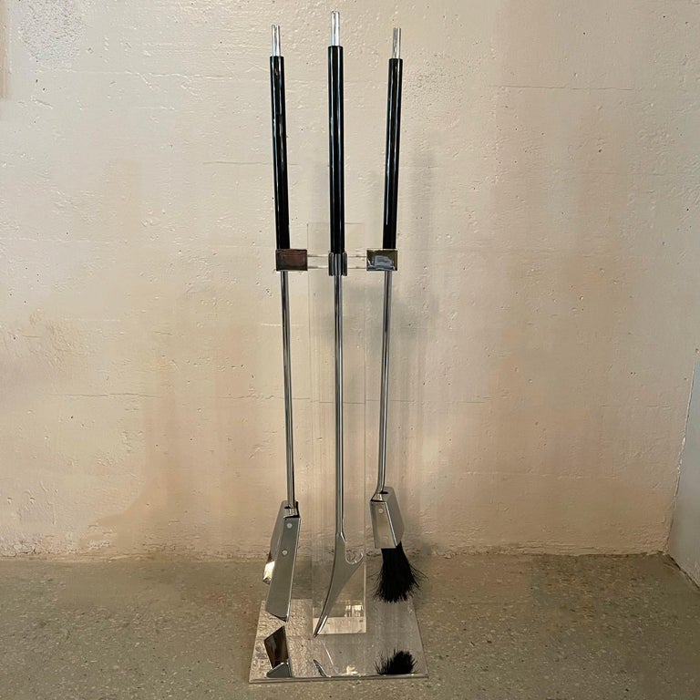 Mid-Century Modern Modernist Lucite and Chrome Fireplace Tool Set by Albrizzi For Sale