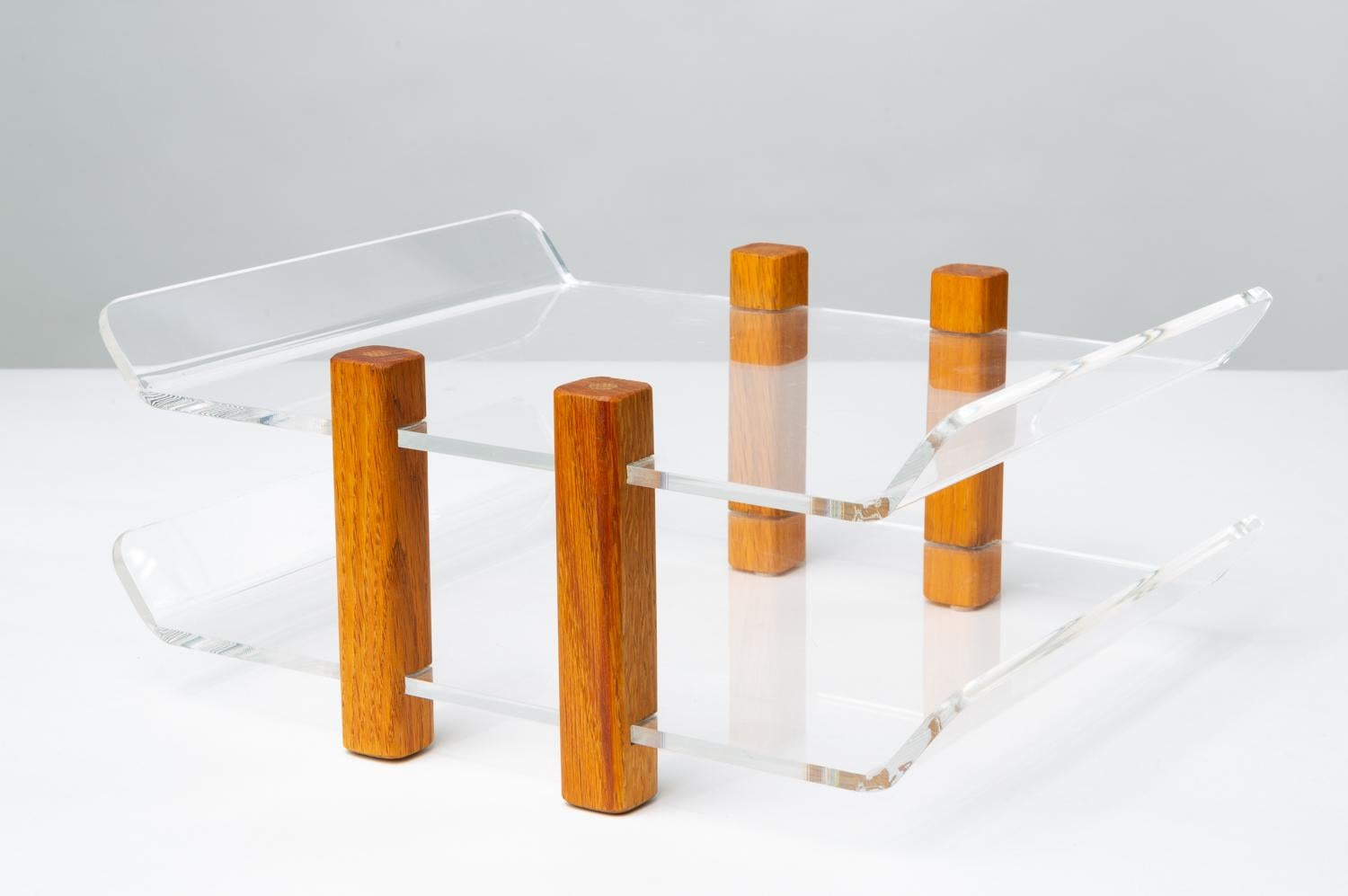 Modernist Lucite and Oak Paper Tray 1