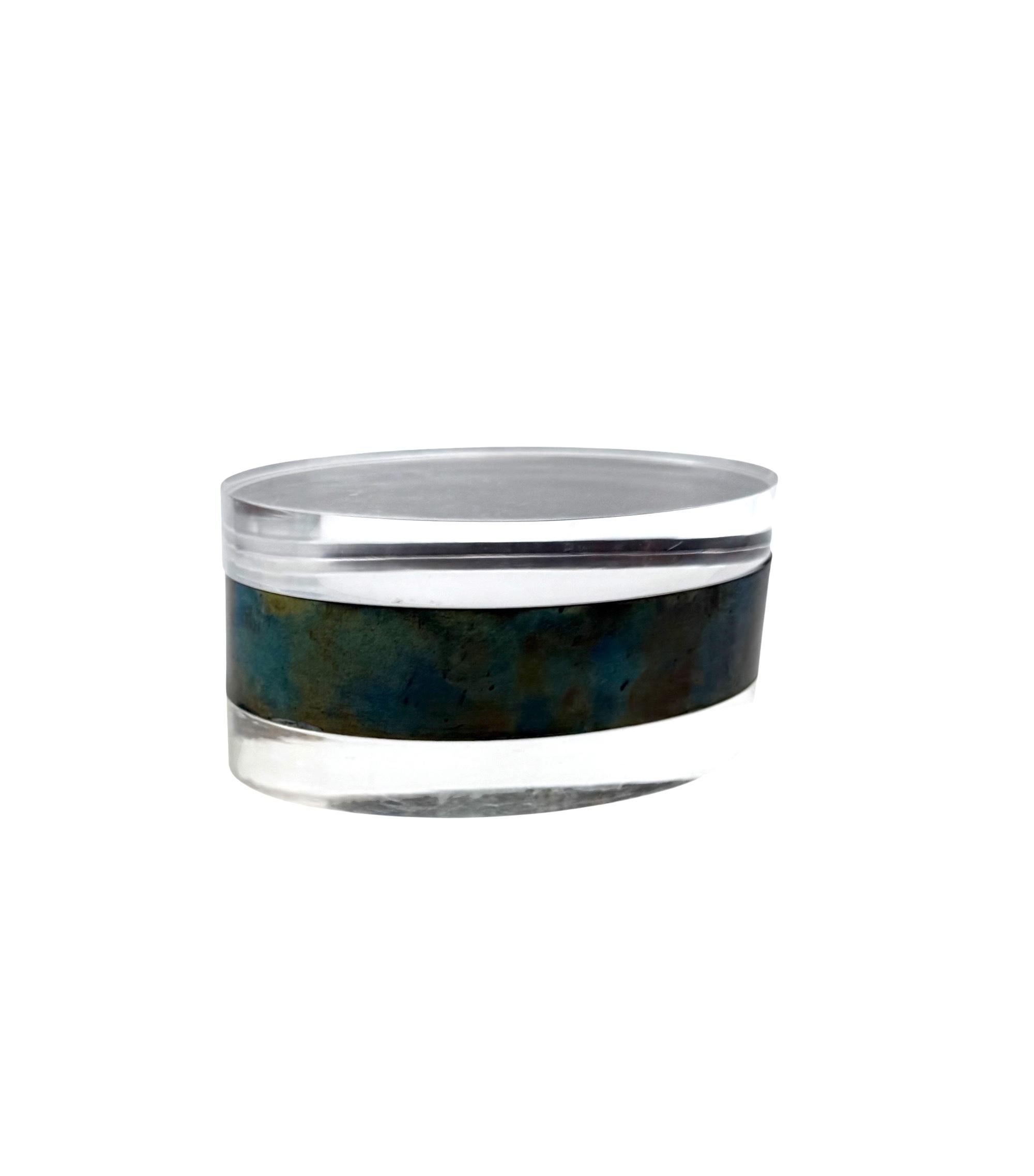 Ottone Modernist lucite and silver-plate oval jewelry box, Italy 1970s in vendita