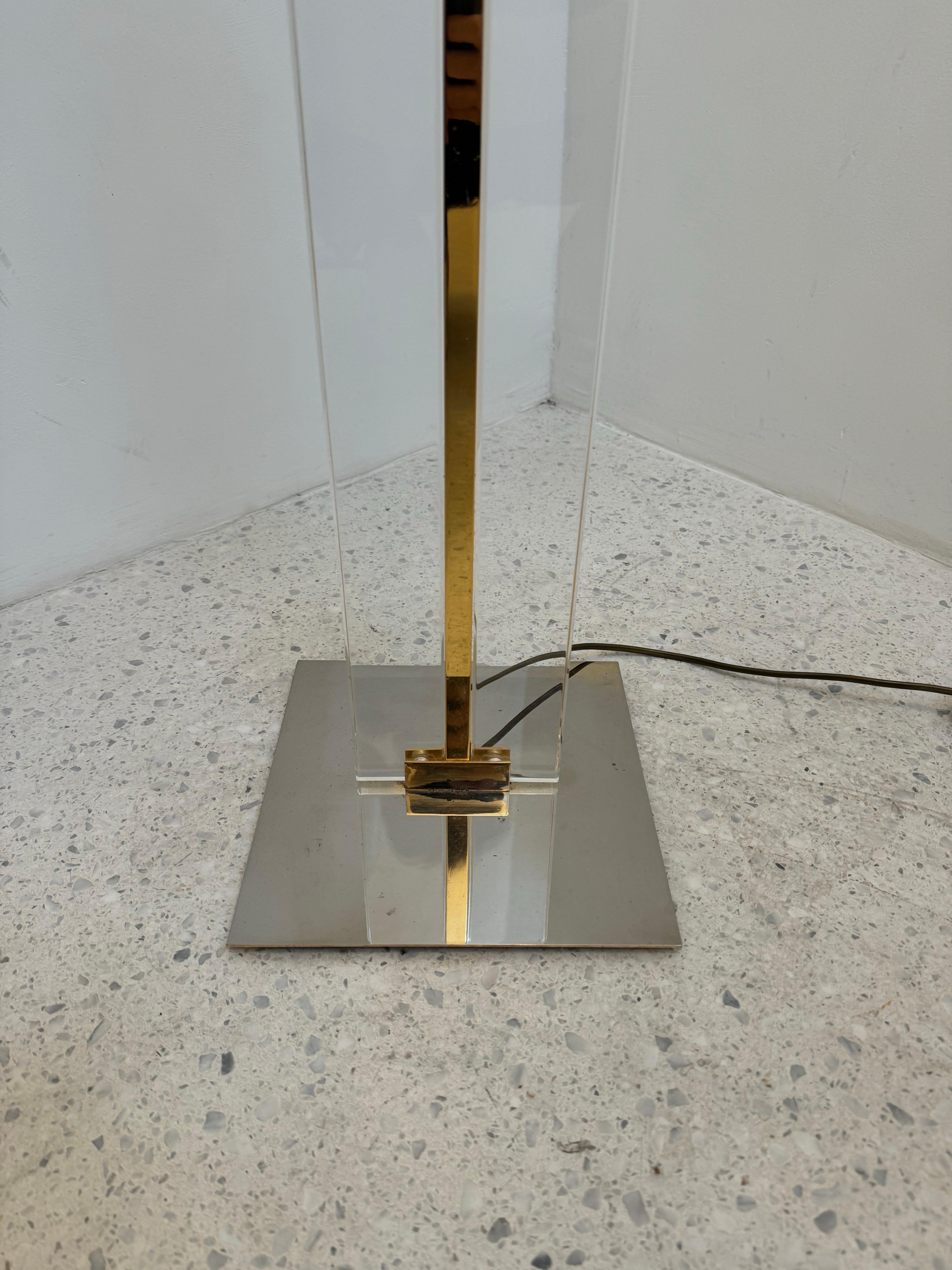 French Modernist Lucite, Brass, and Chrome Floor Lamp, 1970s For Sale