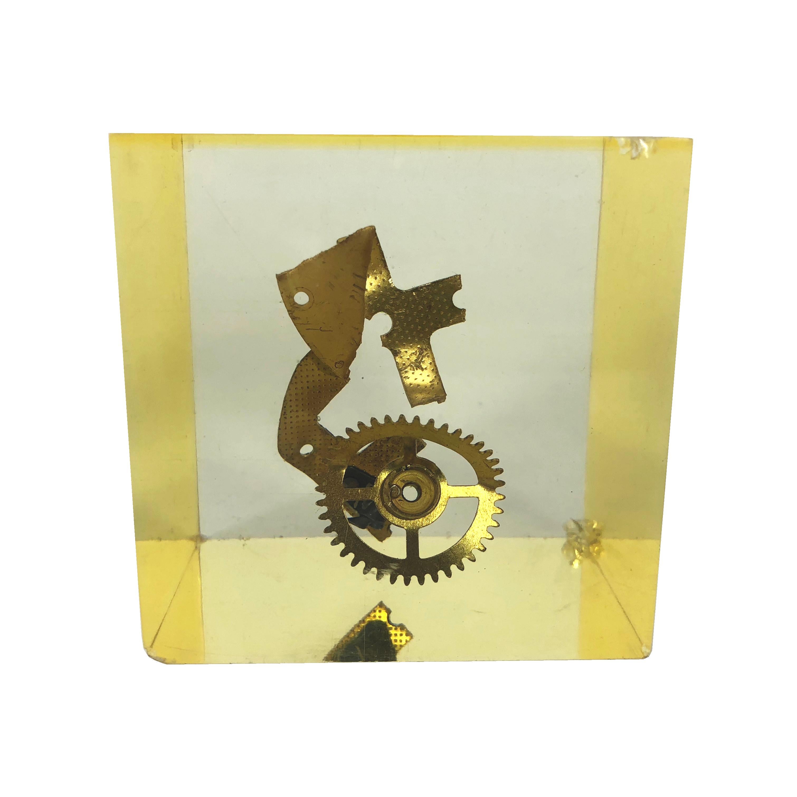 French Modernist Lucite Resin Cube Sculpture with Gears Pierre Giraudon, France, 1970s For Sale