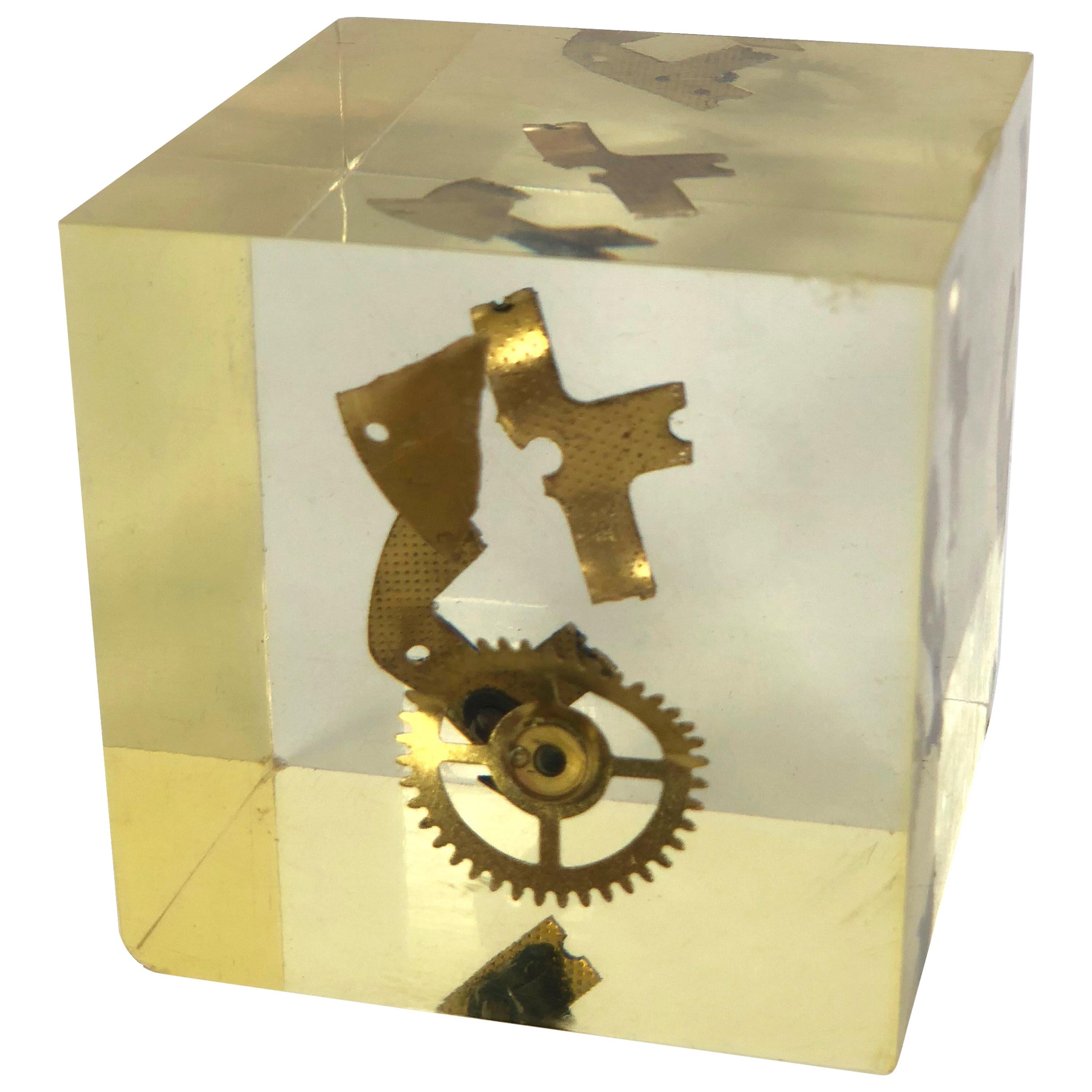 Modernist Lucite Resin Cube Sculpture with Gears Pierre Giraudon, France, 1970s