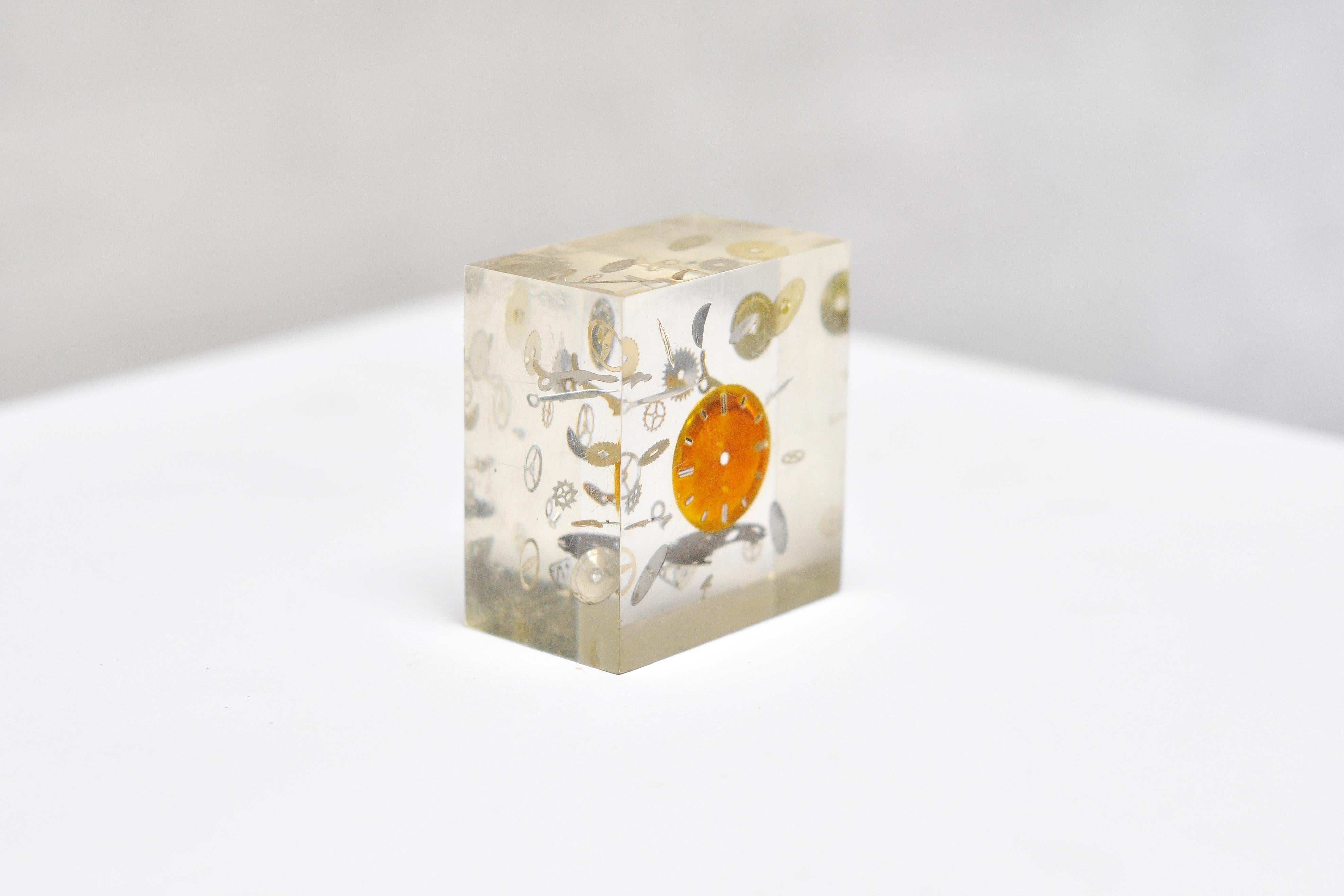 Mid-Century Modern Modernist Lucite Resin Sculpture with Exploded Clock by Pierre Giraudon, 1970's For Sale