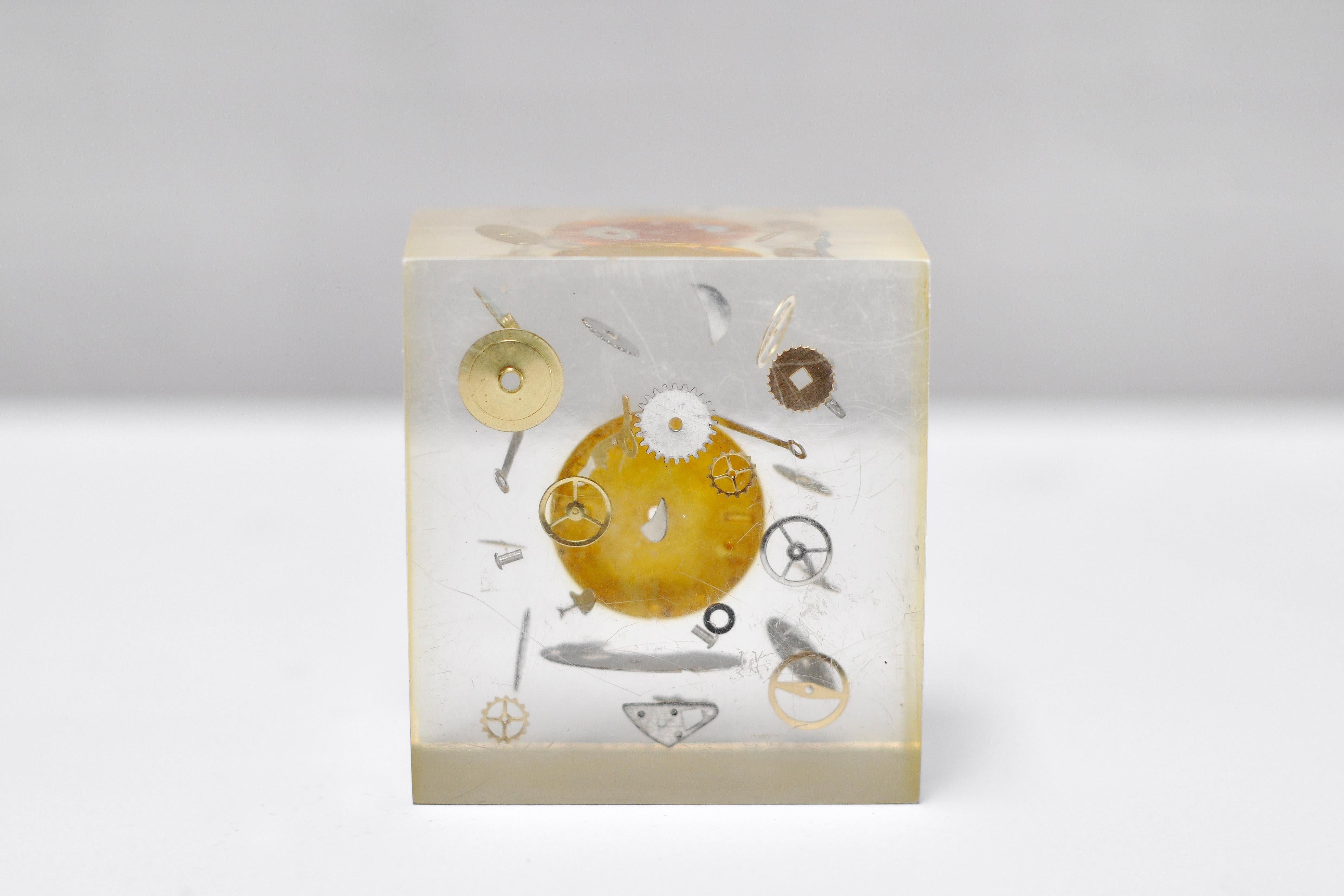 French Modernist Lucite Resin Sculpture with Exploded Clock by Pierre Giraudon, 1970's For Sale