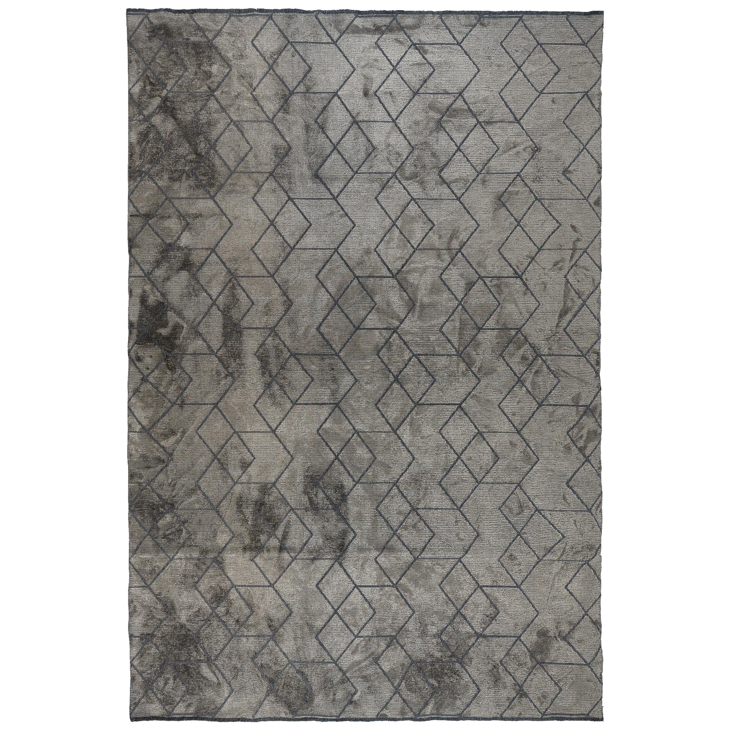 Modernist Luxury Tonal Dark Gray Op Art Design Rug in Stock + Rug Pad For Sale