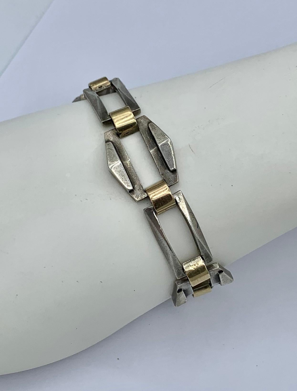 Modernist Machine Age Art Deco Bracelet Sterling Silver Gold Geometric Barcelona In Excellent Condition For Sale In New York, NY