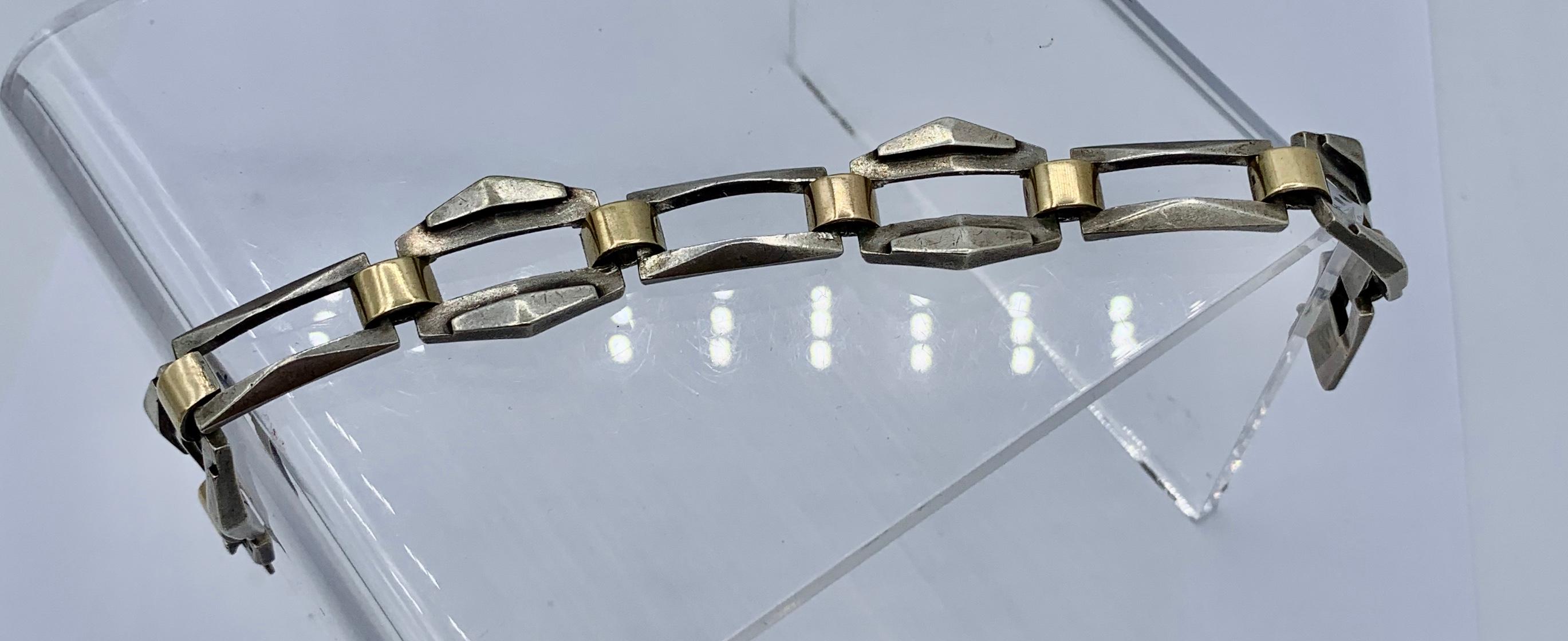 Women's or Men's Modernist Machine Age Art Deco Bracelet Sterling Silver Gold Geometric Barcelona For Sale