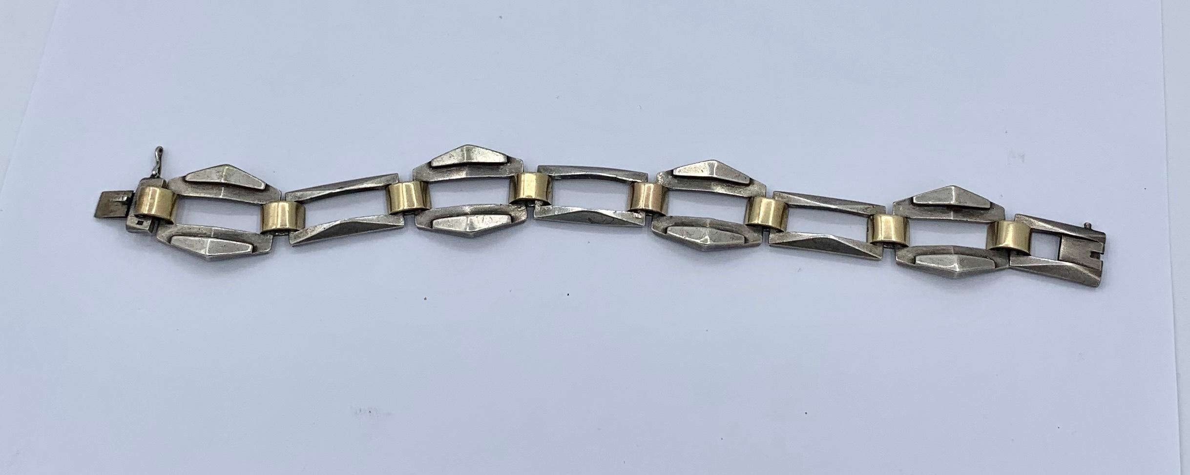 Modernist Machine Age Art Deco Bracelet Sterling Silver Gold Geometric Barcelona For Sale 4